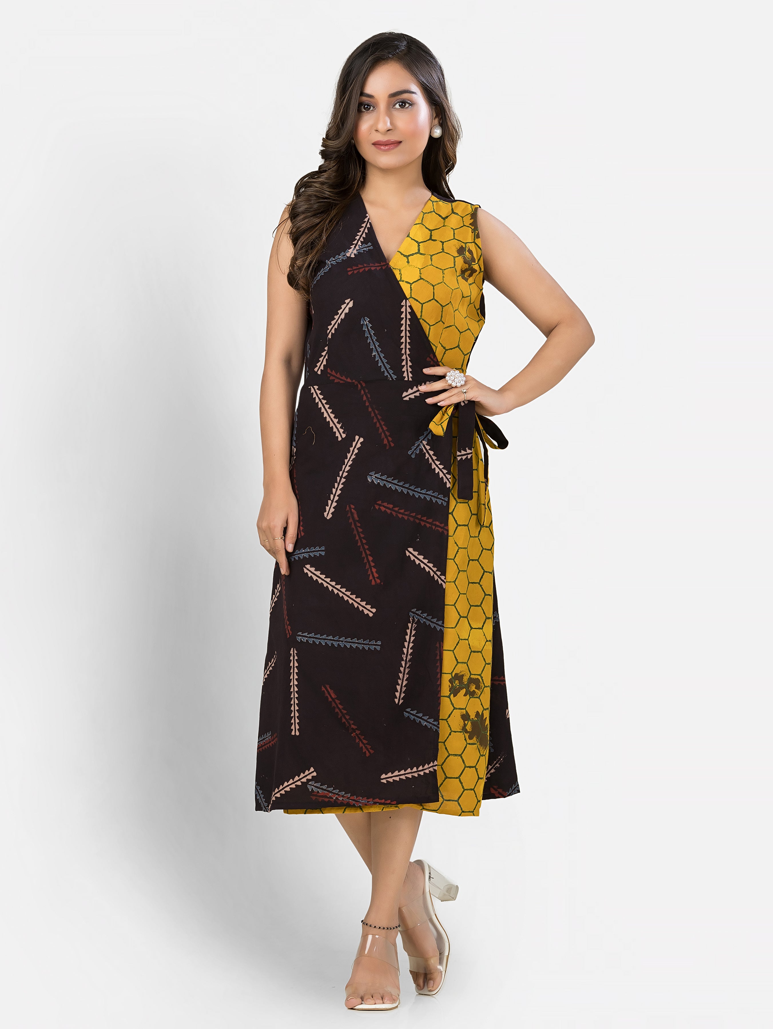 Women's Cotton Yellow Black Wrapper Dress