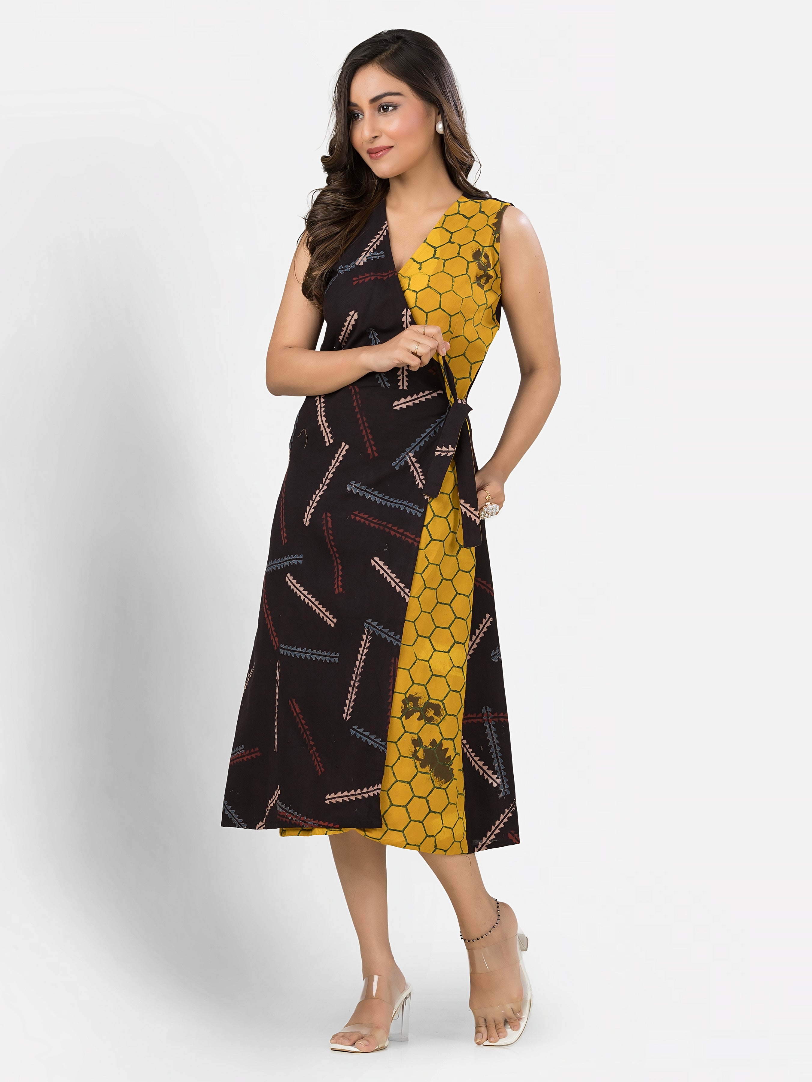 Women's Cotton Yellow Black Wrapper Dress