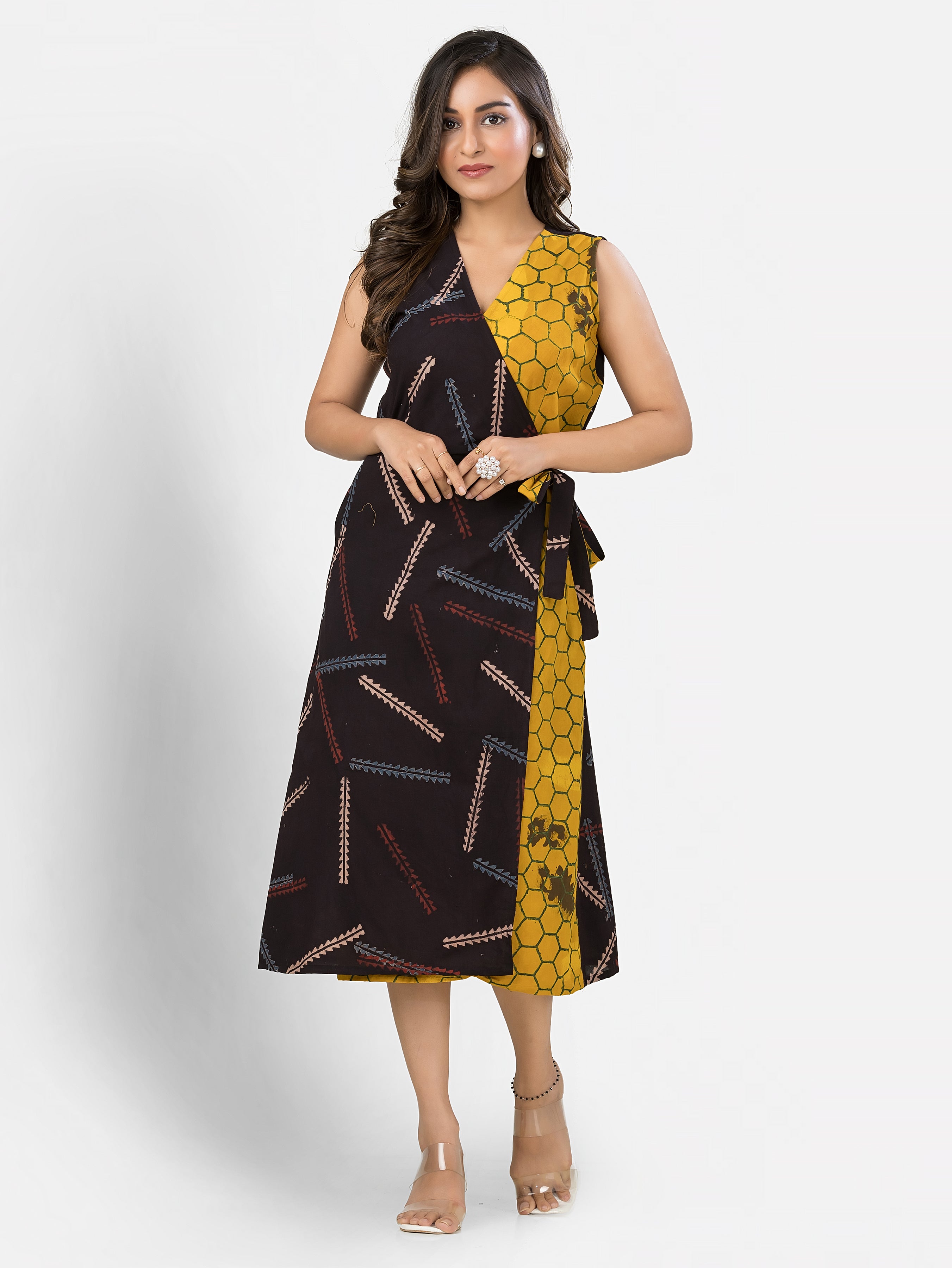 Women's Cotton Yellow Black Wrapper Dress