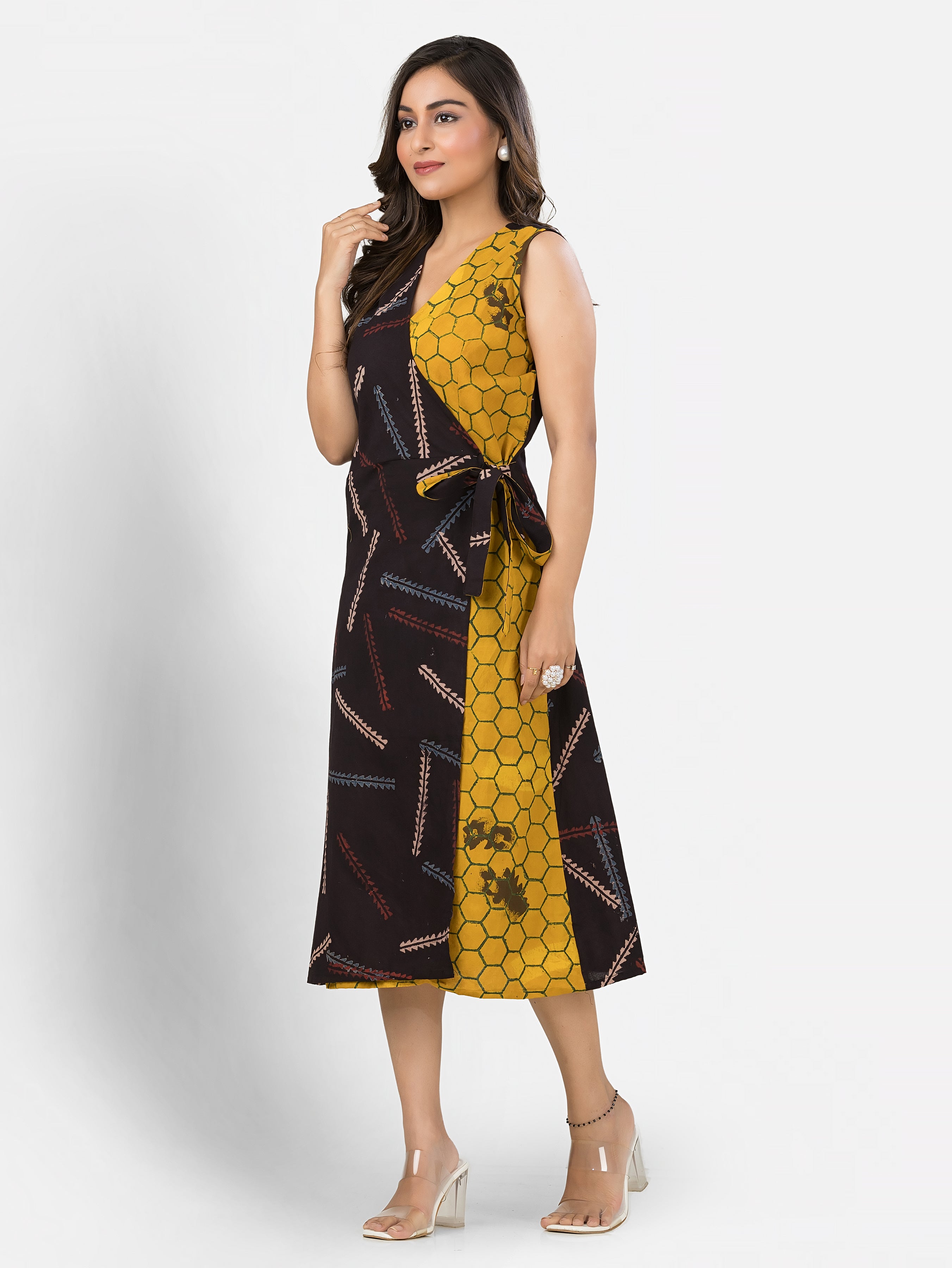 Women's Cotton Yellow Black Wrapper Dress