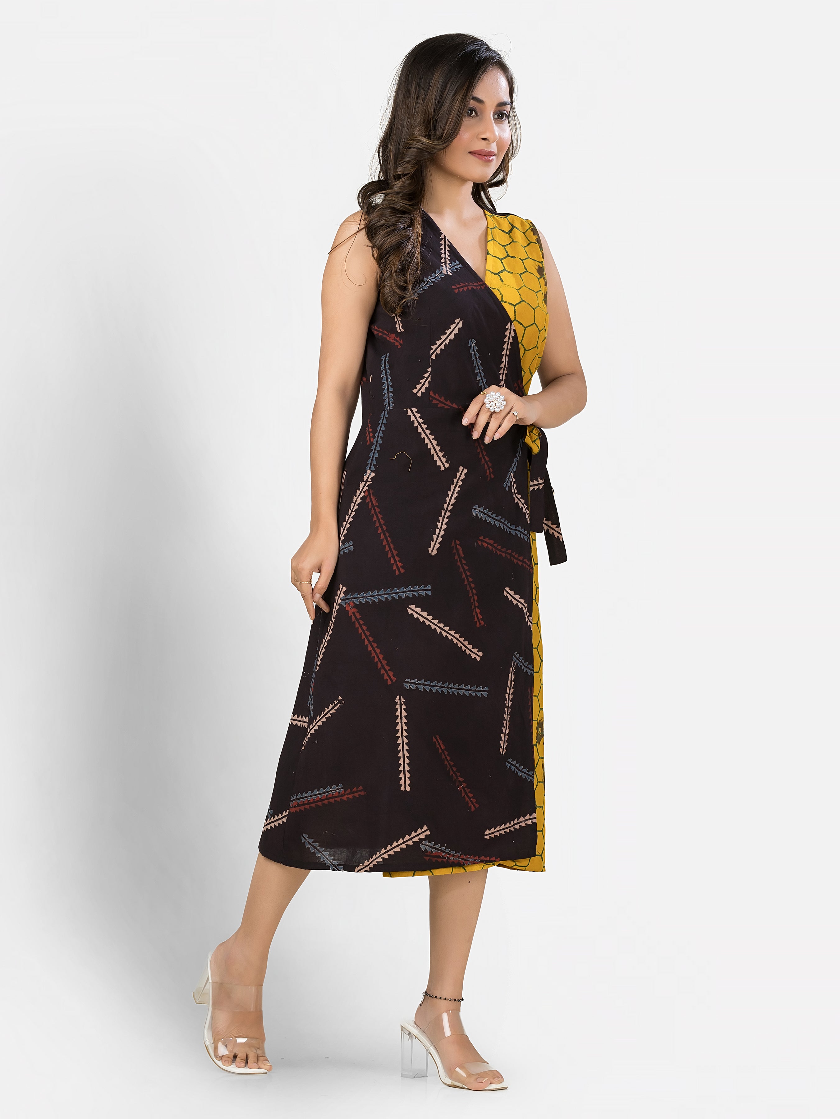 Women's Cotton Yellow Black Wrapper Dress