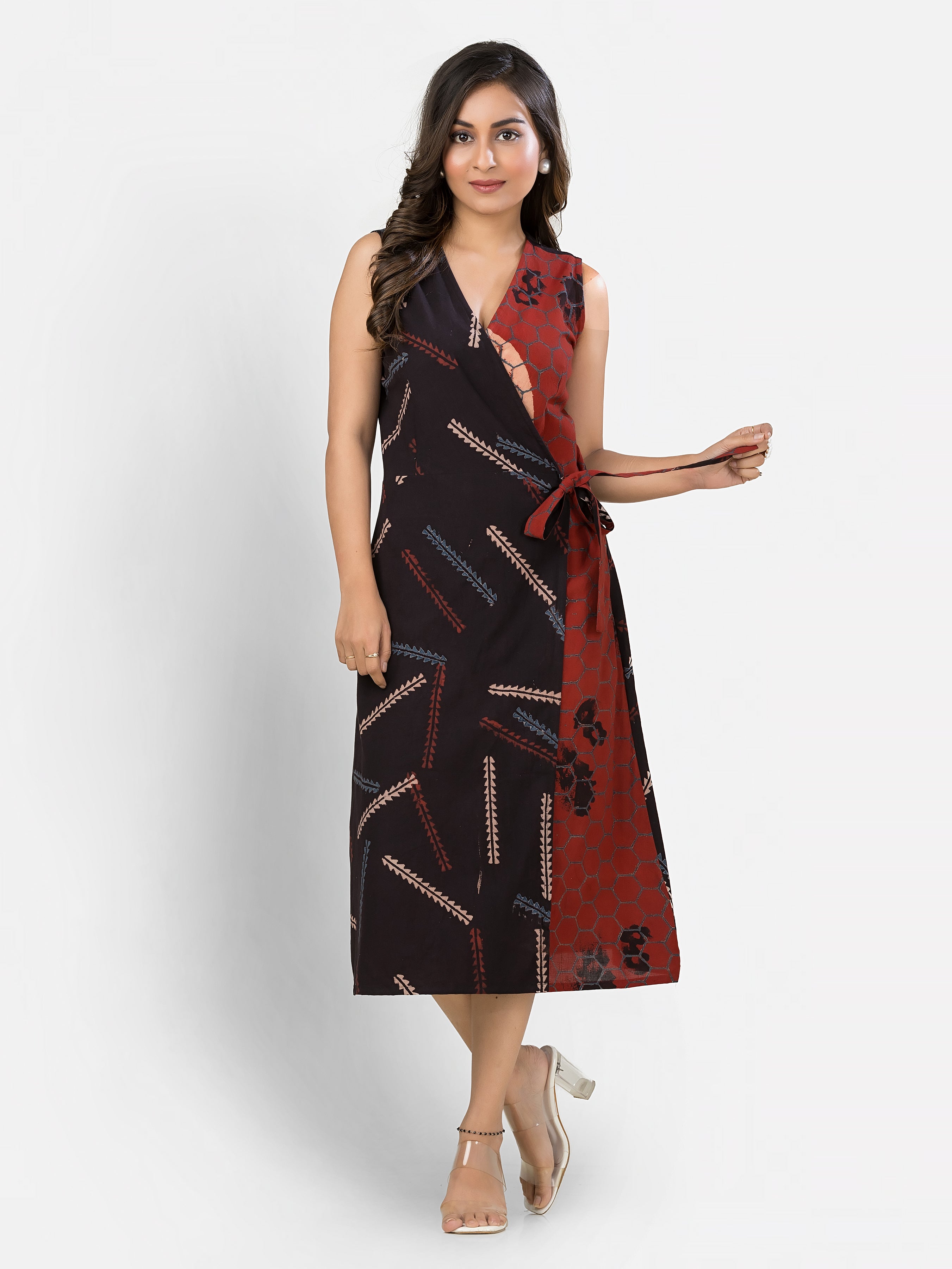 Women's Cotton Black Maroon Wrapper Dress