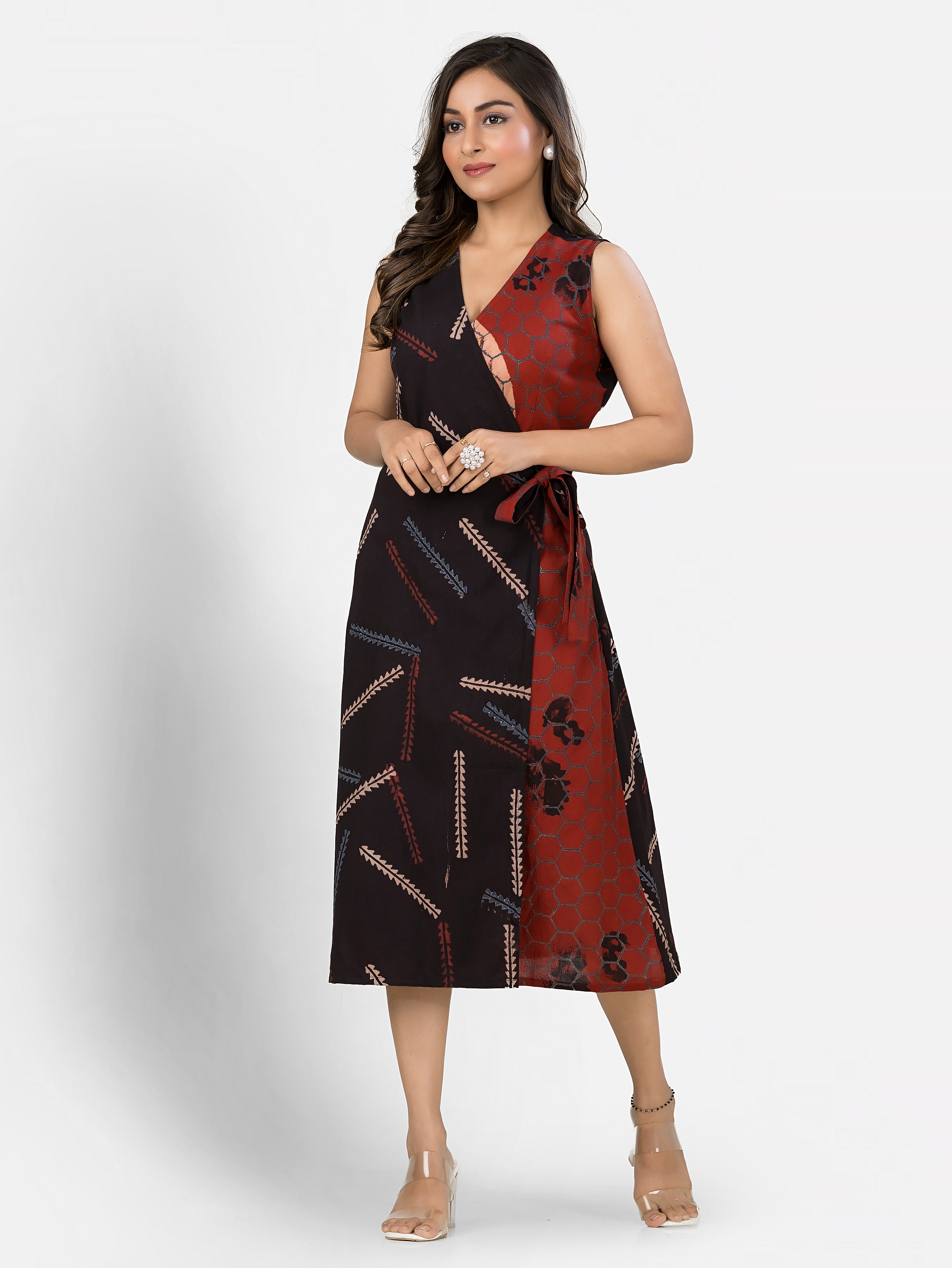 Women's Cotton Black Maroon Wrapper Dress
