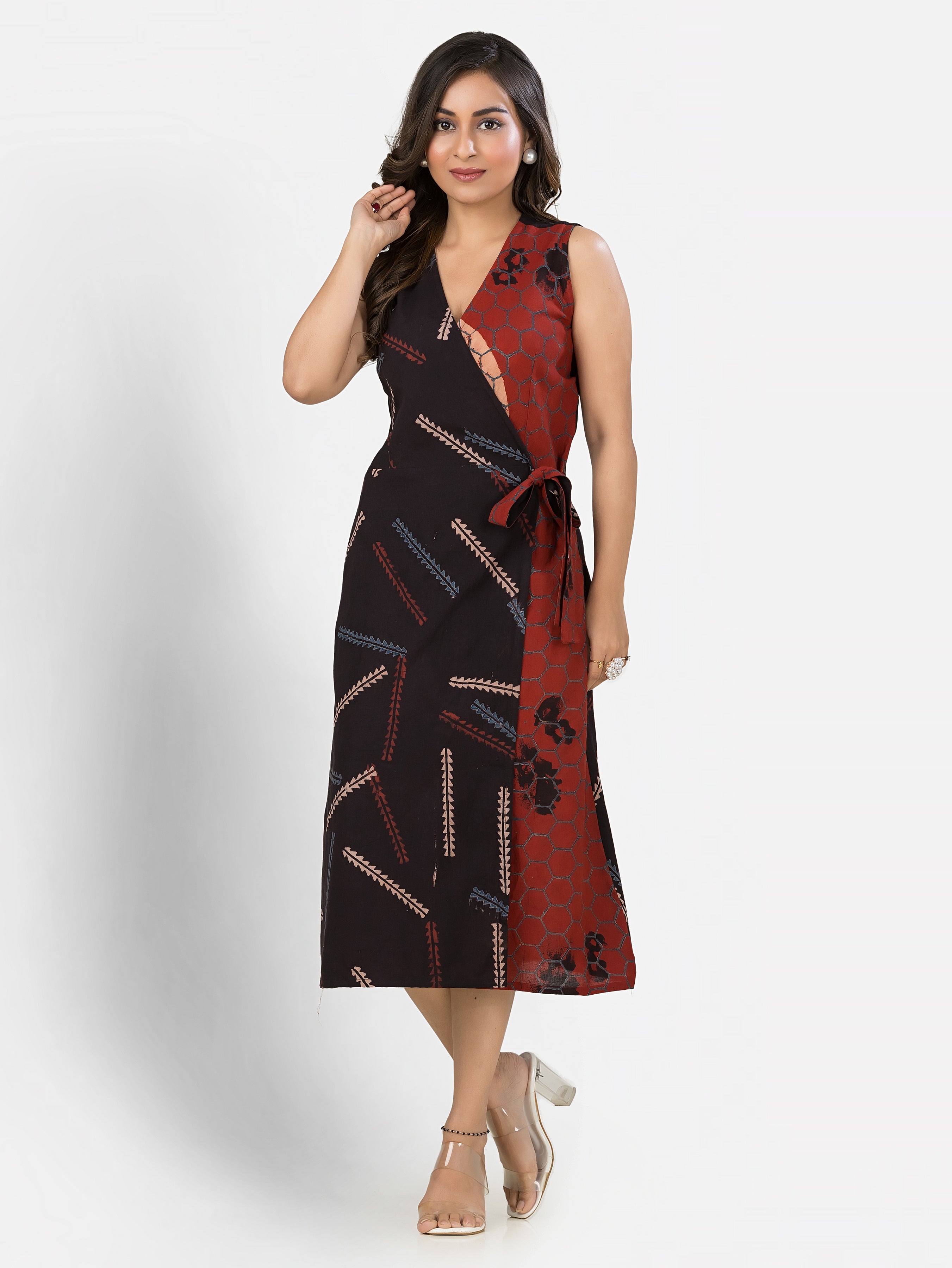 Women's Cotton Black Maroon Wrapper Dress