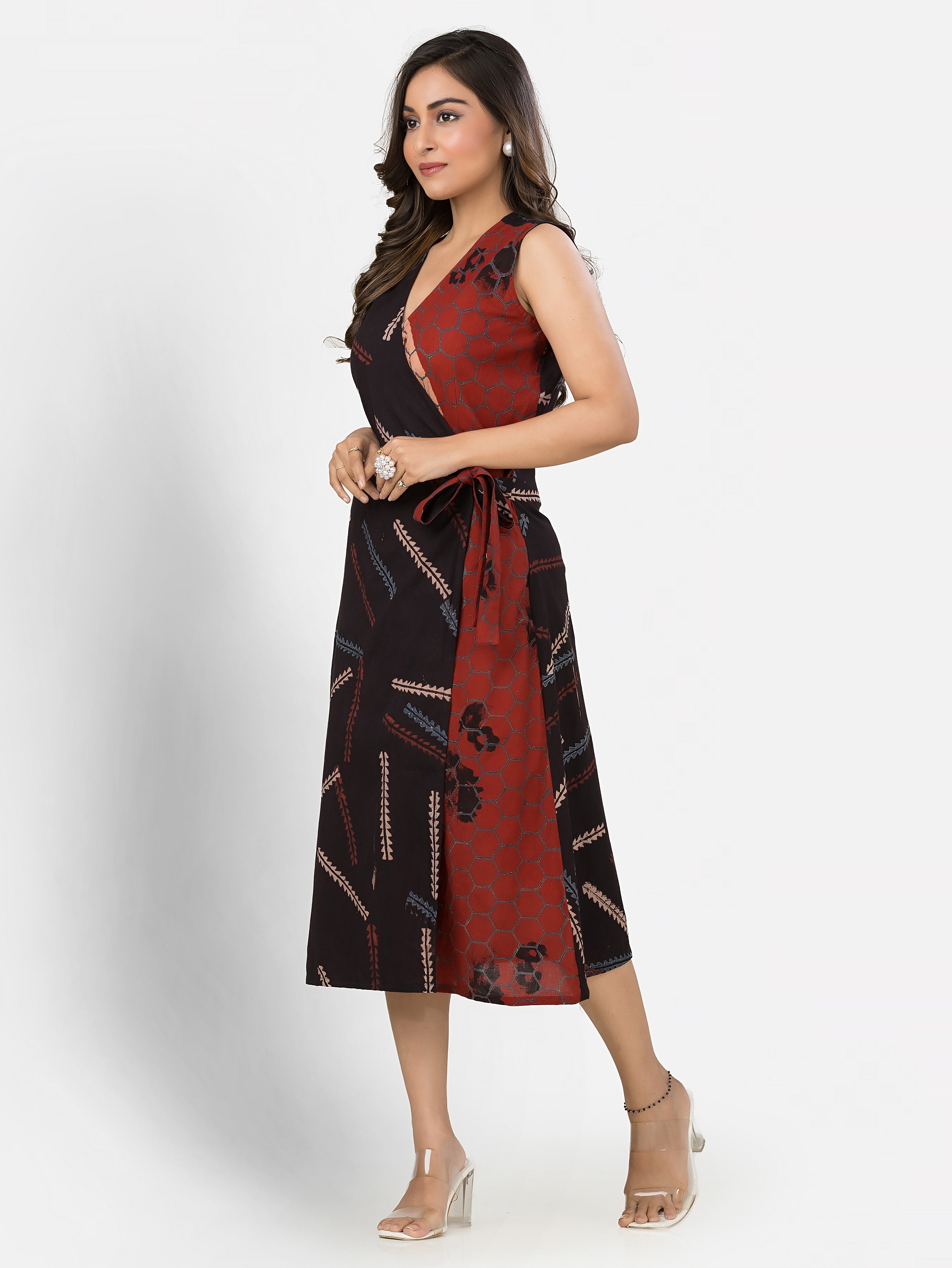 Women's Cotton Black Maroon Wrapper Dress