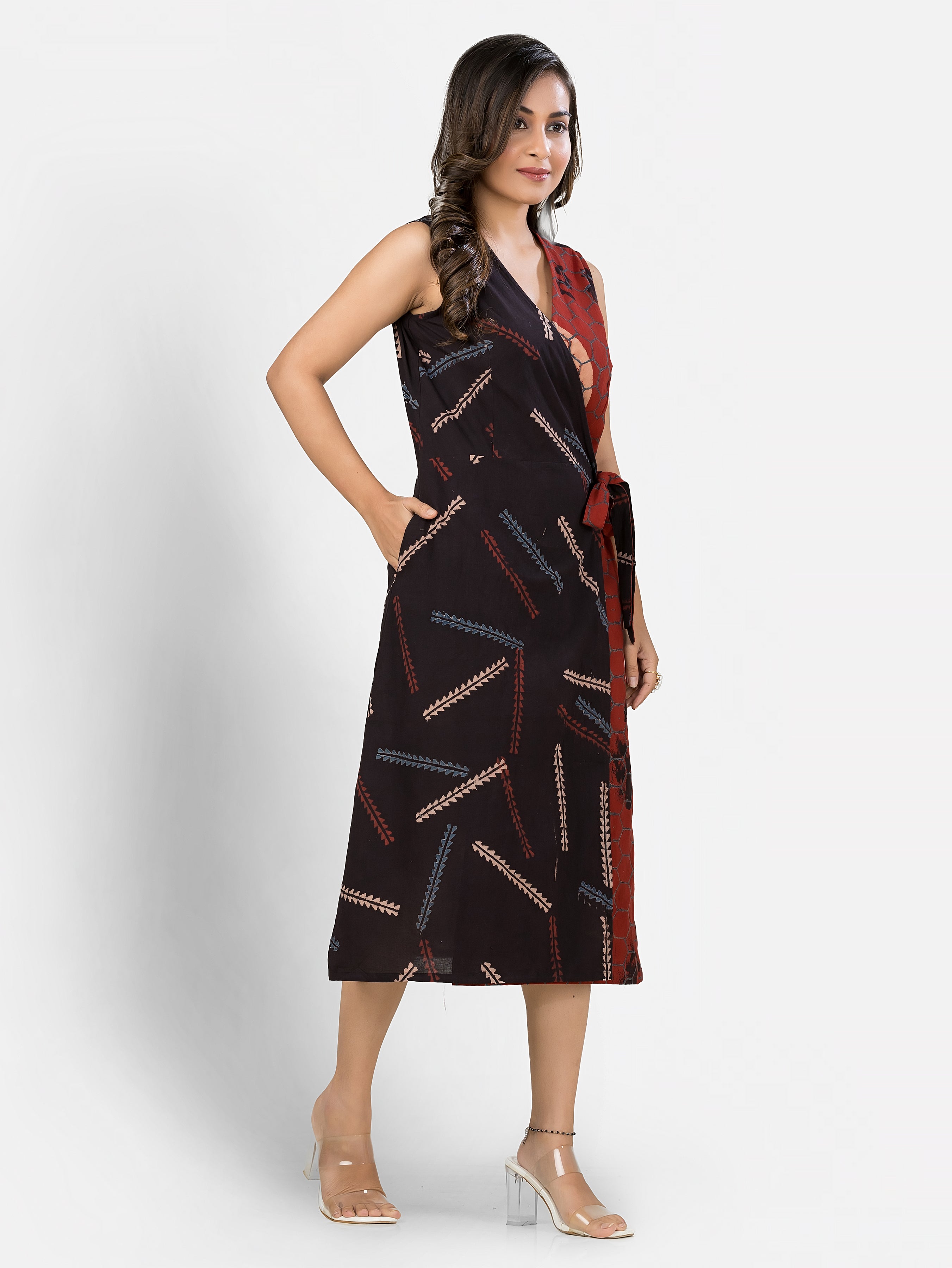 Women's Cotton Black Maroon Wrapper Dress
