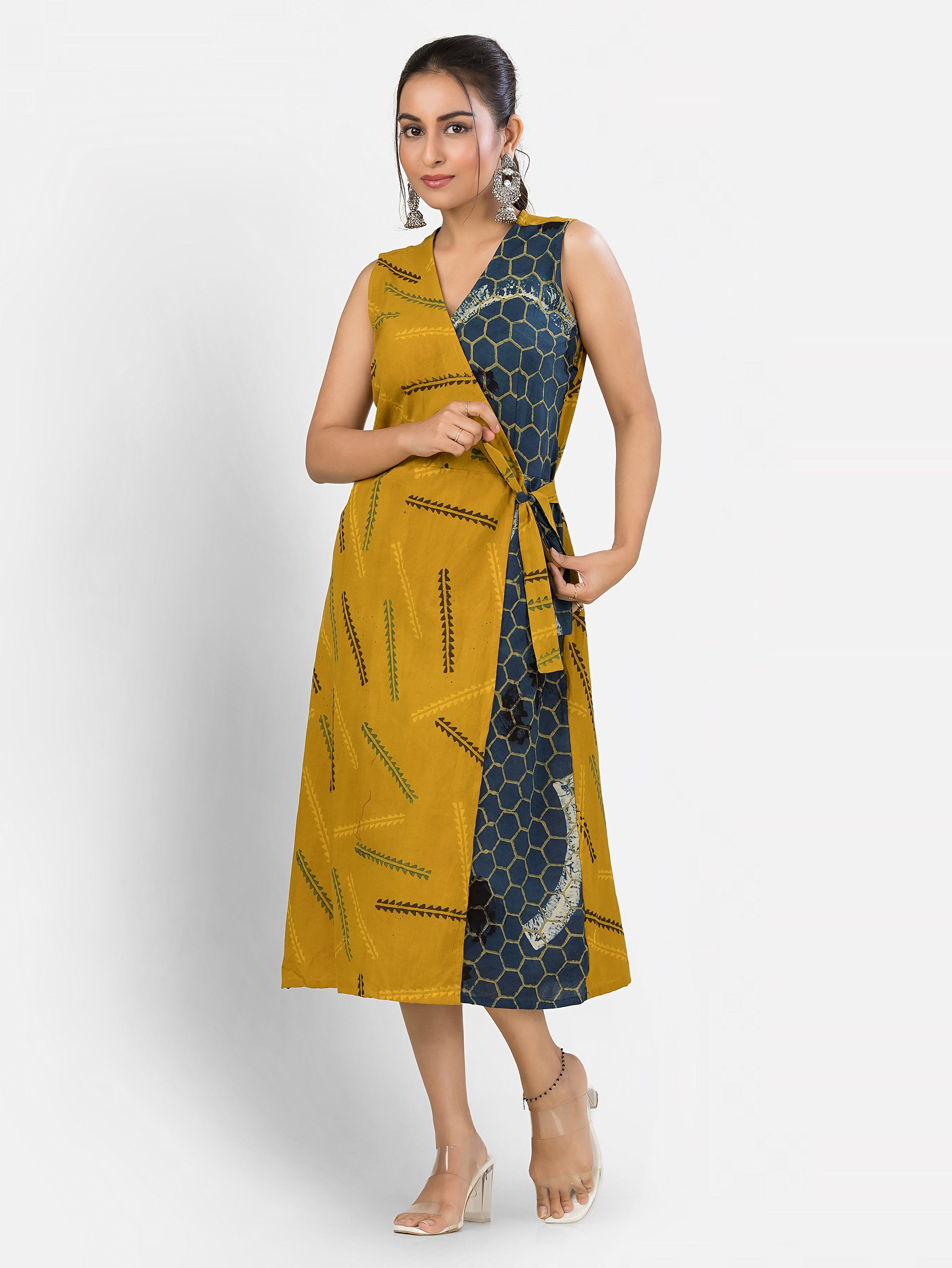 Women's Cotton Yellow Navy Wrapper Dress