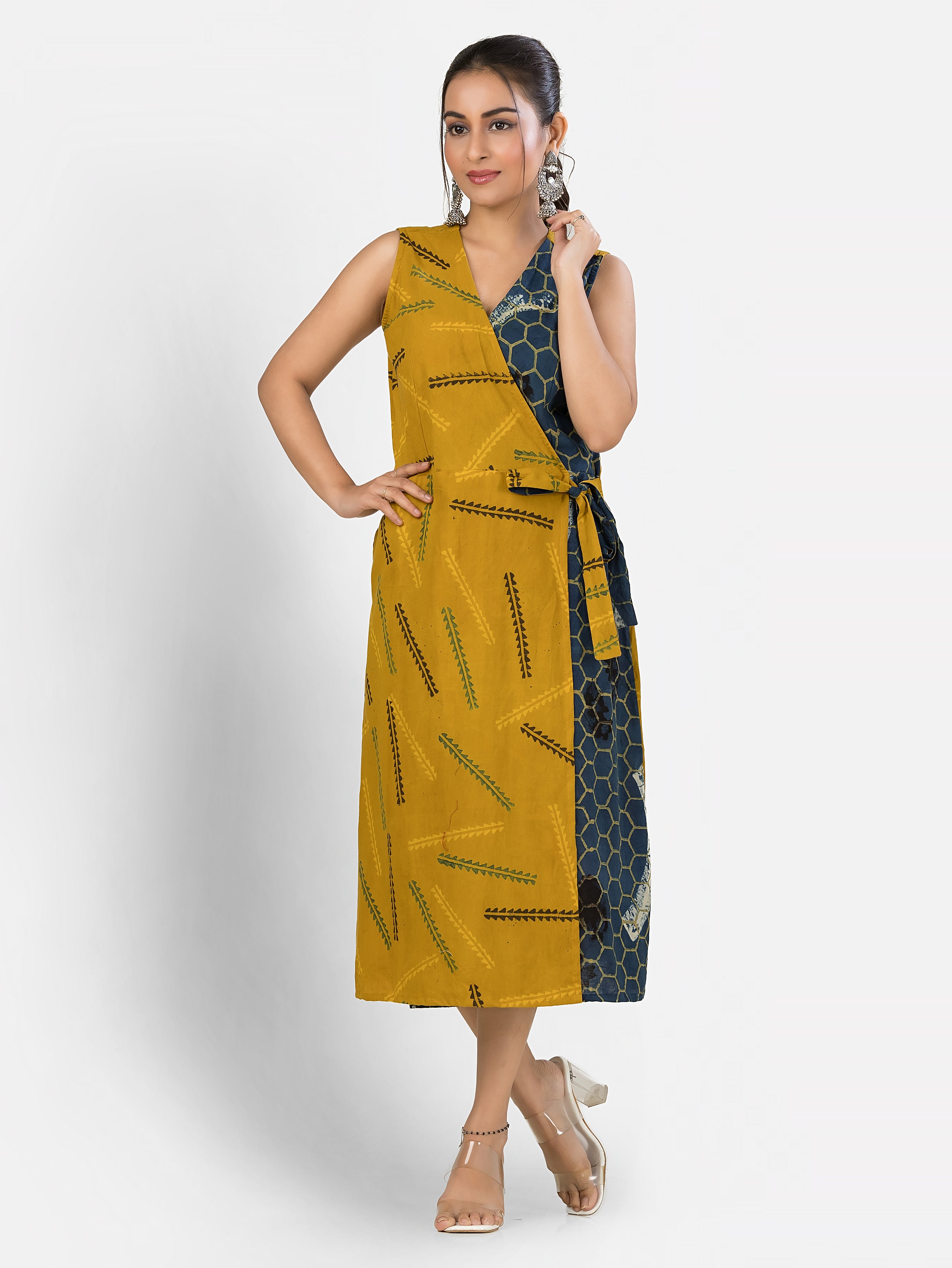 Women's Cotton Yellow Navy Wrapper Dress