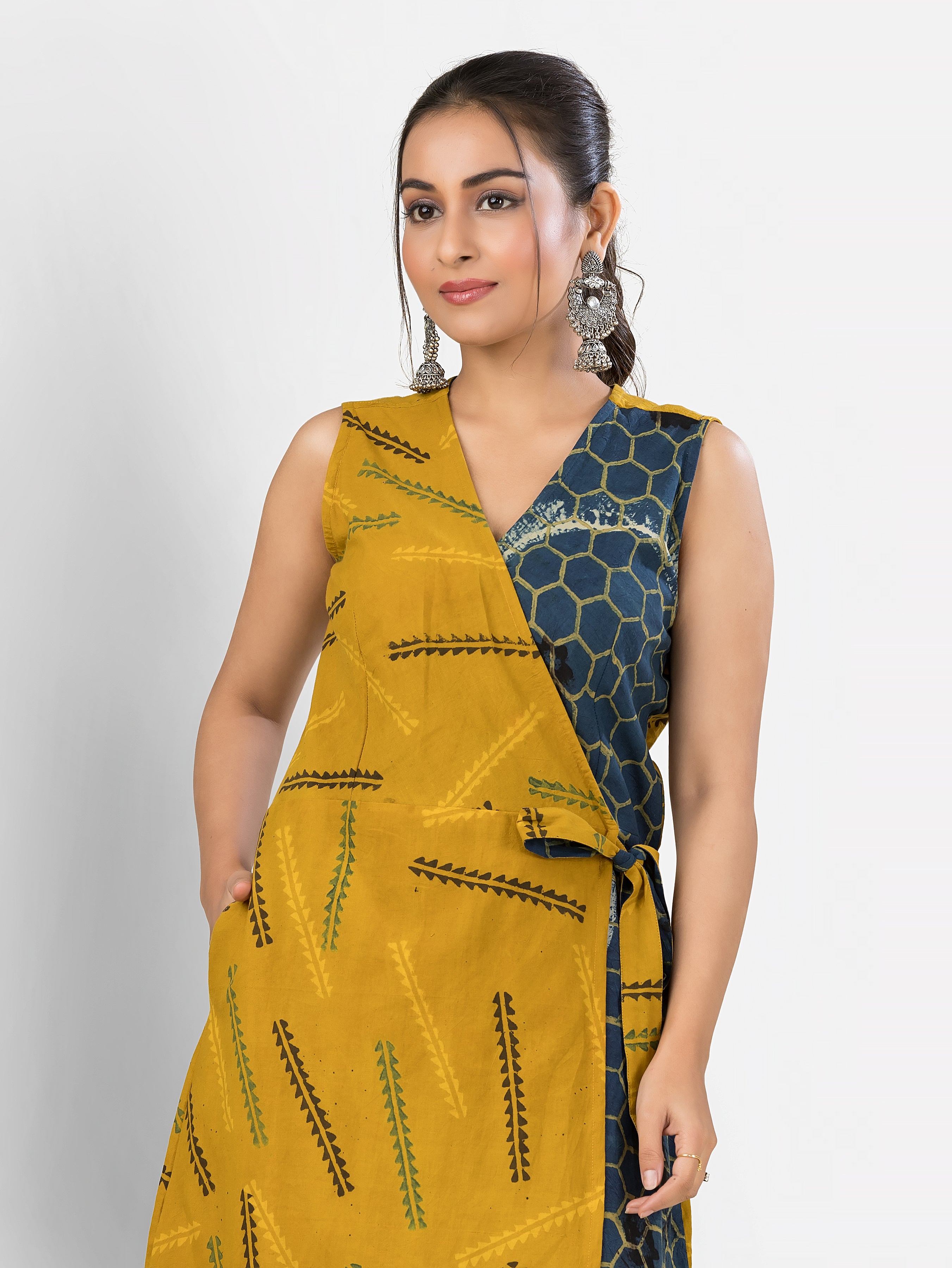 Women's Cotton Yellow Navy Wrapper Dress