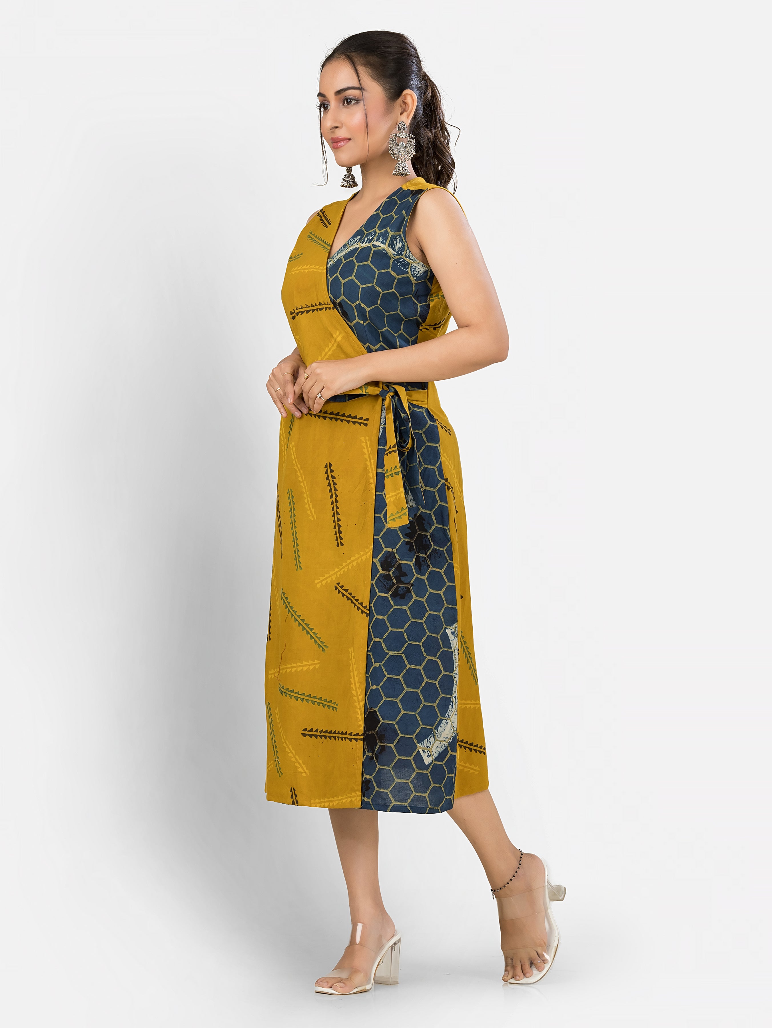 Women's Cotton Yellow Navy Wrapper Dress