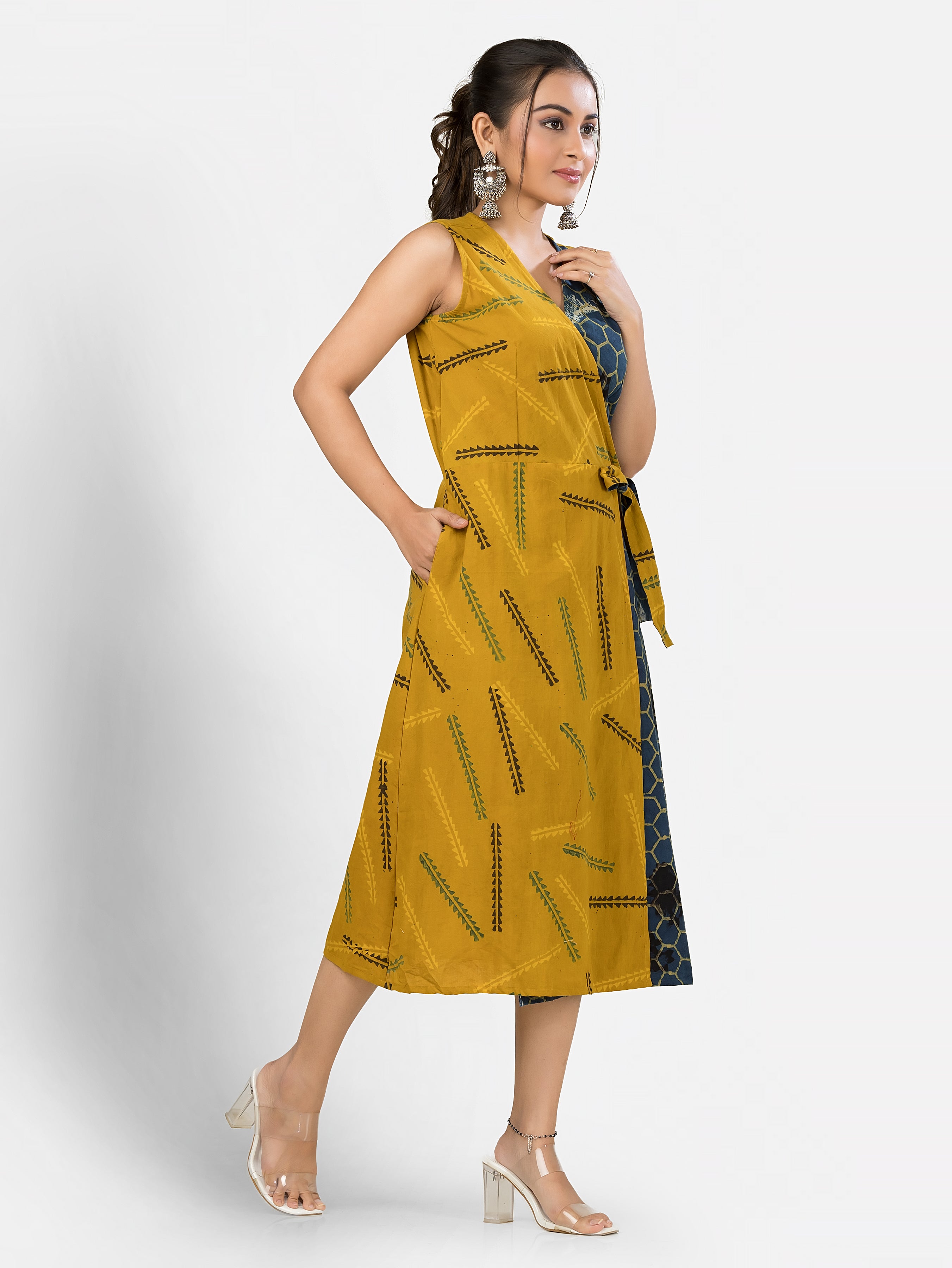 Women's Cotton Yellow Navy Wrapper Dress
