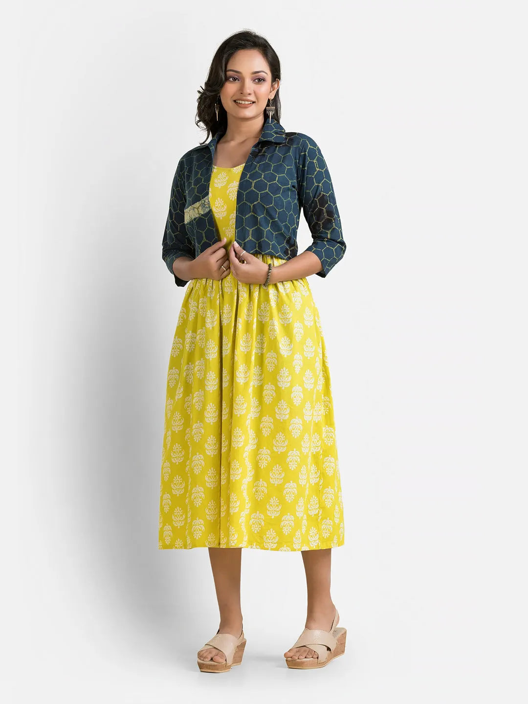 Women's Yellow Gown With Navy Jacket
