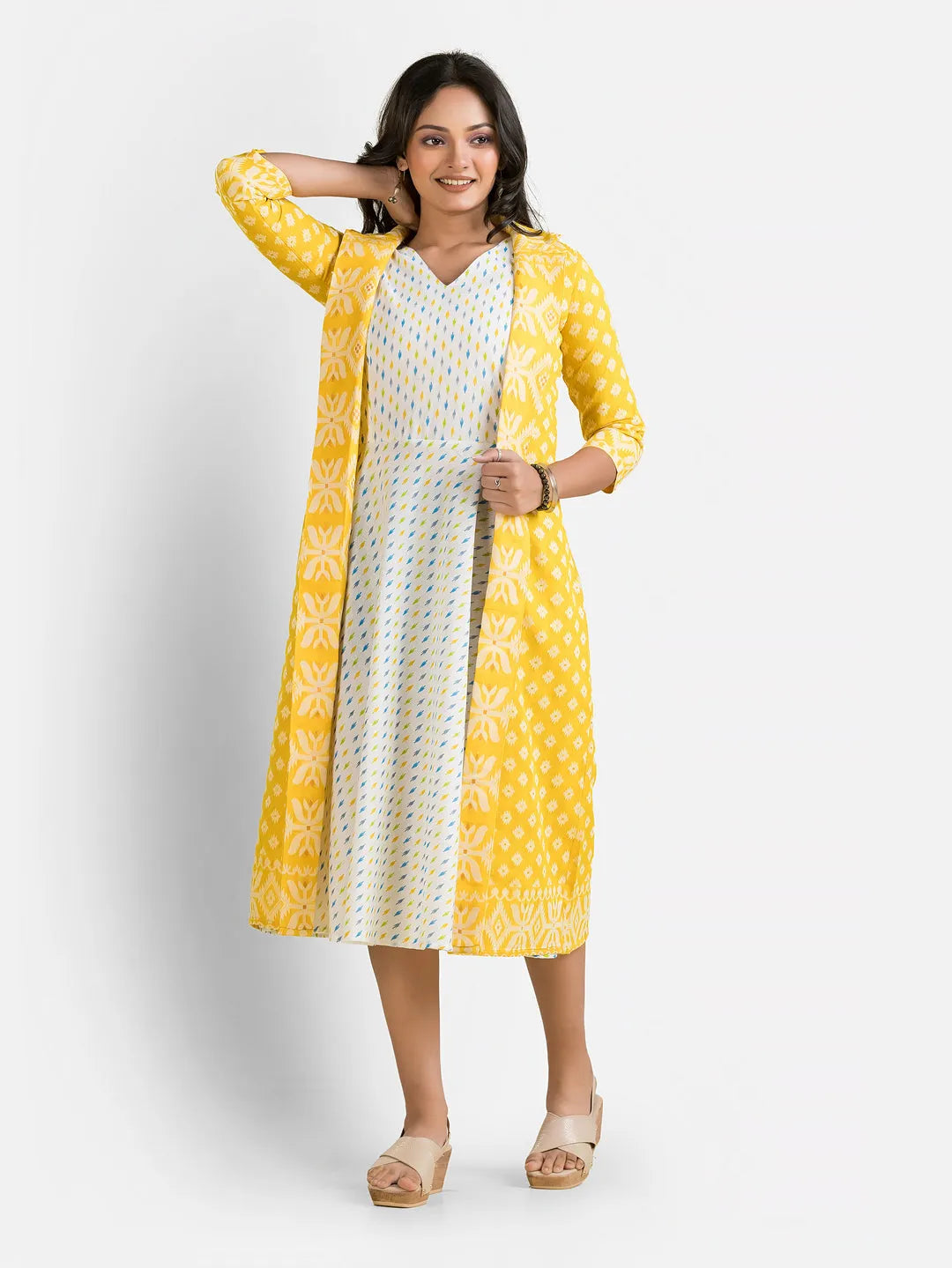 Women's White Dress With Yellow Jamdani Shrug