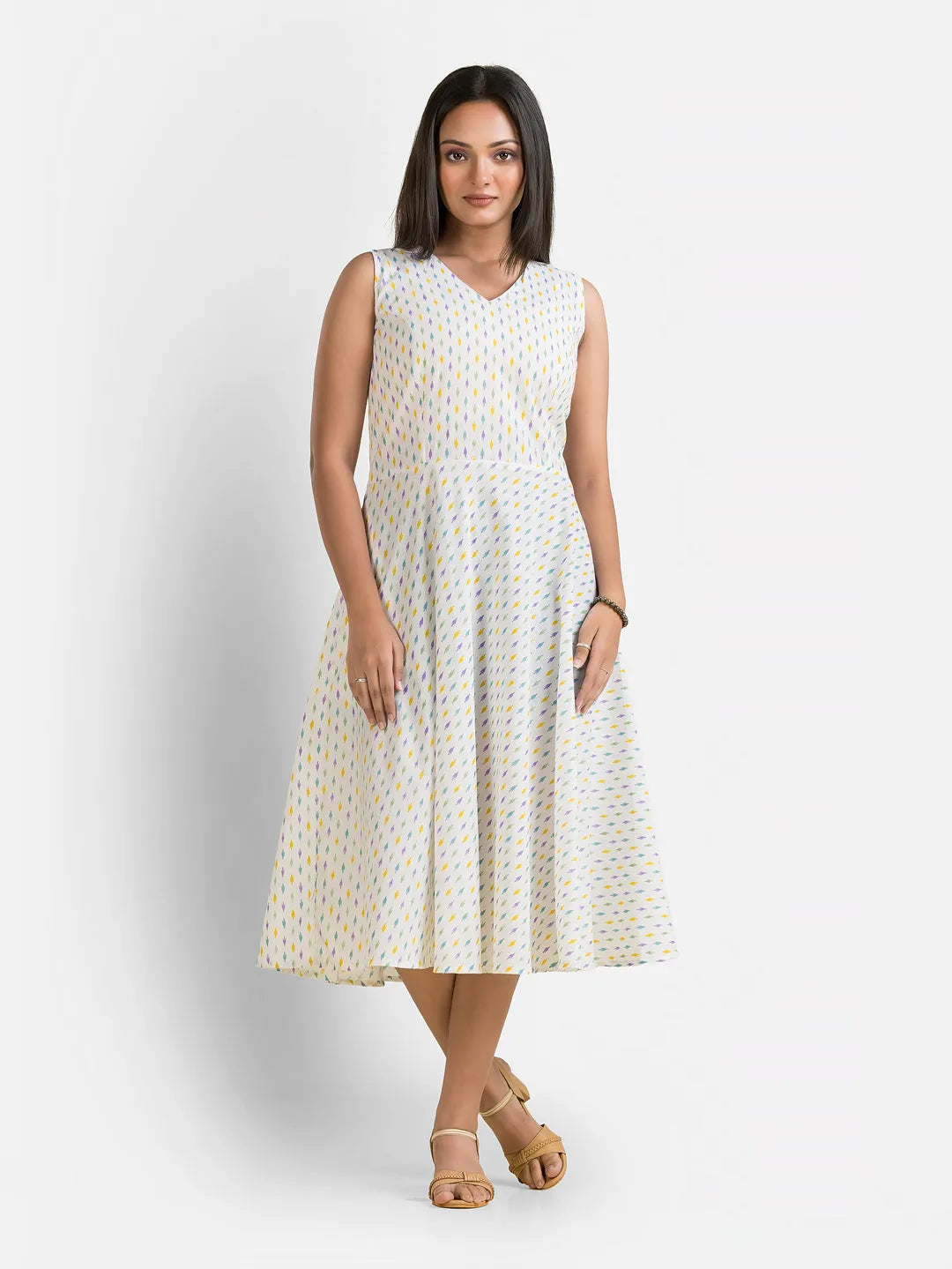 Women's White Dress With Green Jamdani Shrug