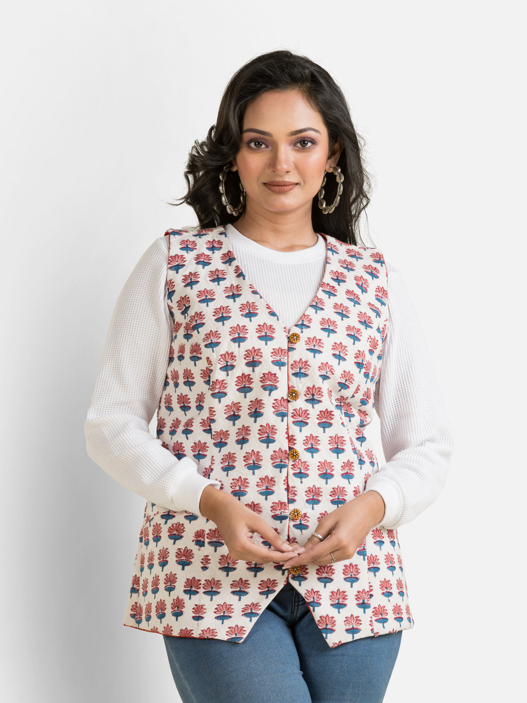 Women's Handblock Cotton White Jacket