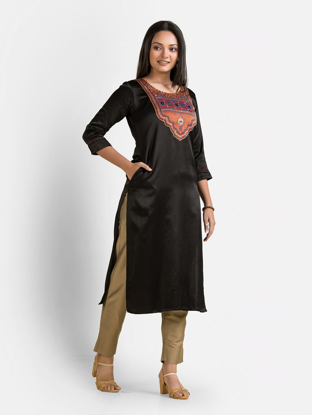 Women's Mashru Patchwork Navy Kurti