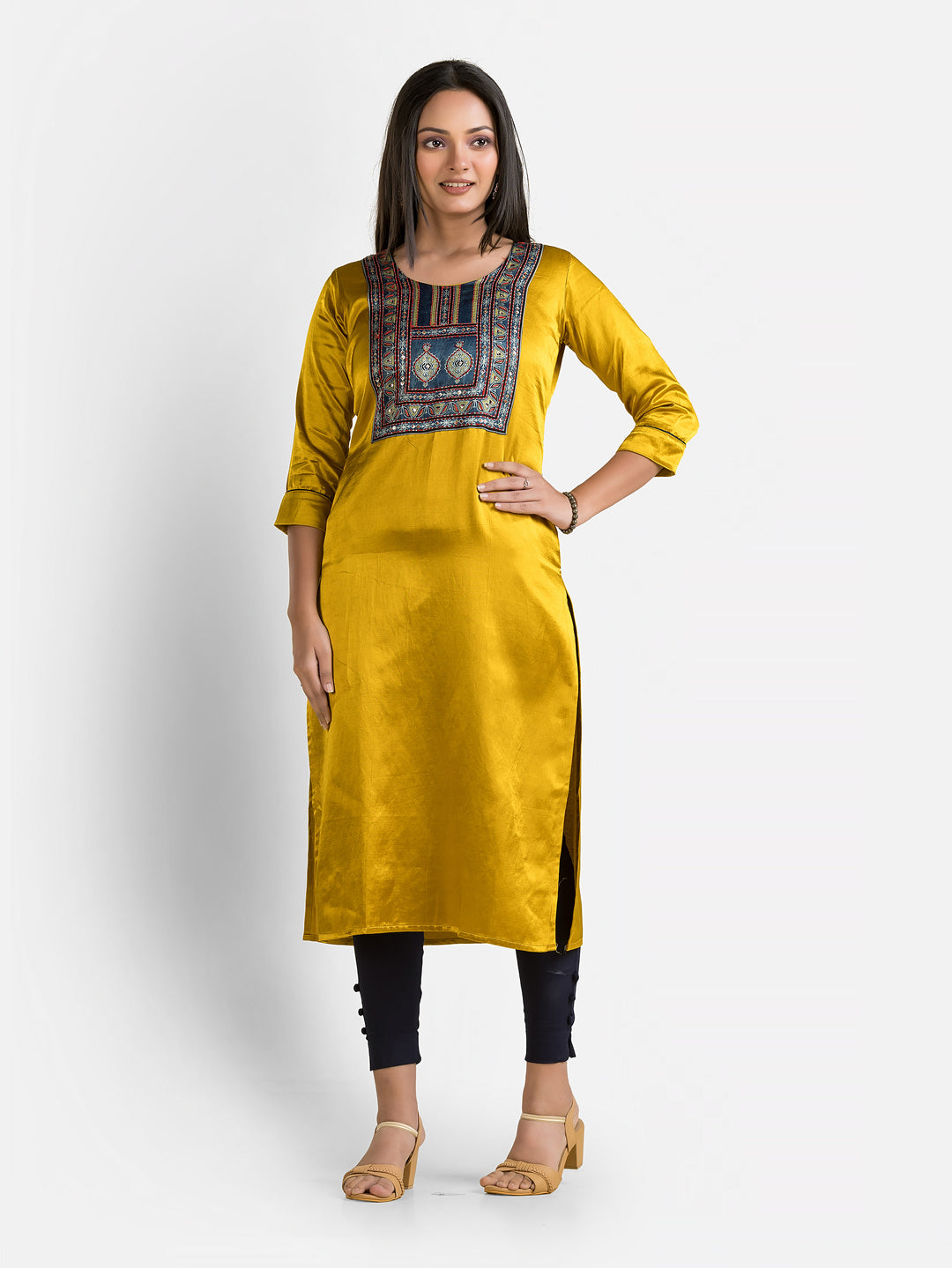 Women's Mashru Patchwork Yellow Kurti