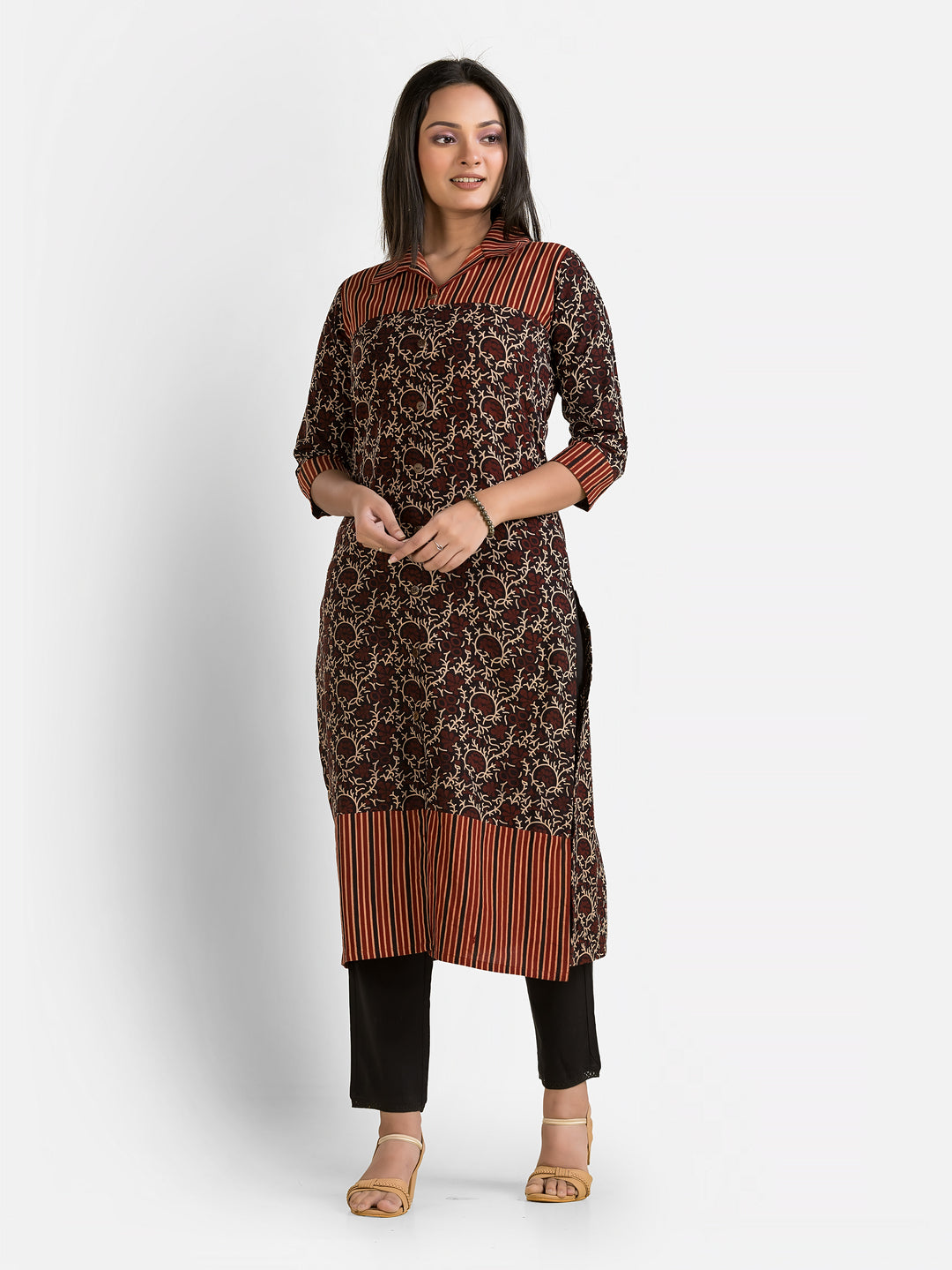 Women's Ajrakh Printed Black Collar Kurti