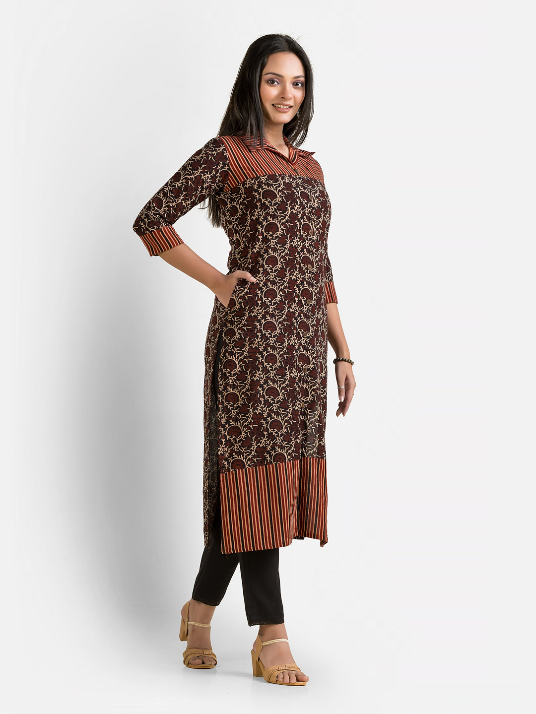 Women's Ajrakh Printed Black Collar Kurti