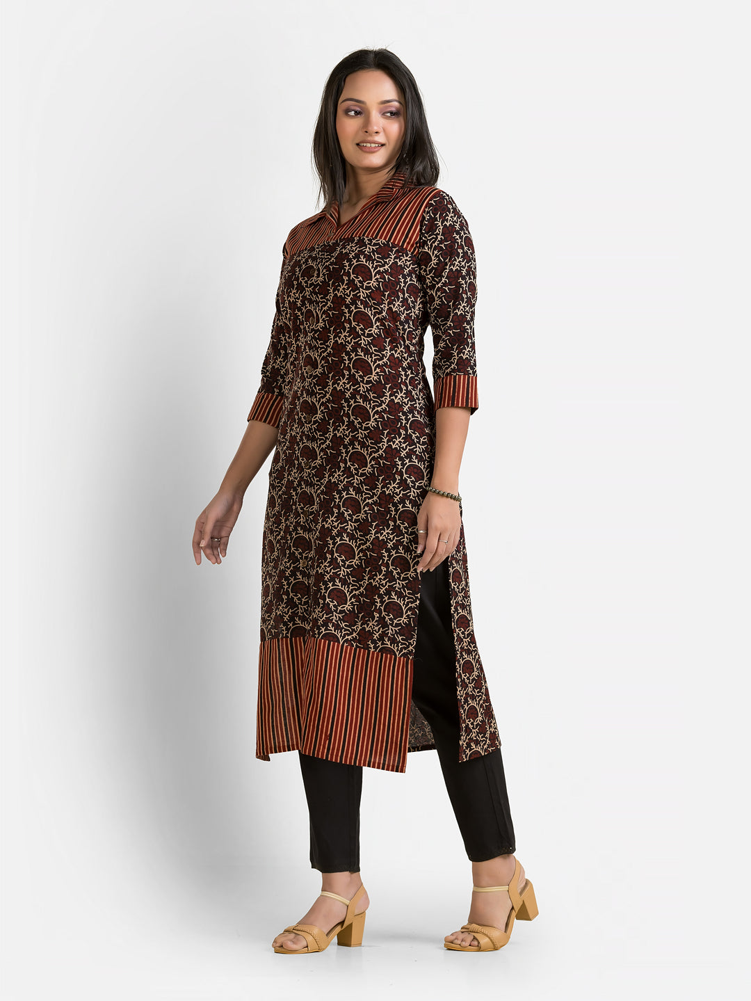 Women's Ajrakh Printed Black Collar Kurti