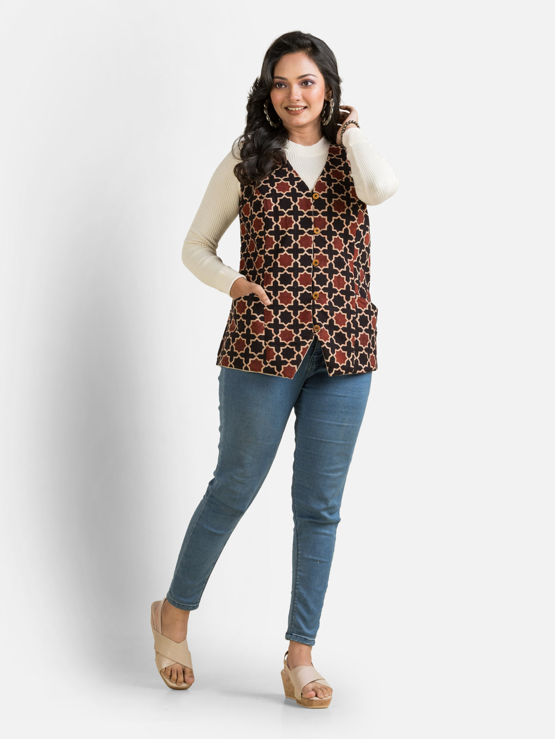 Women's Handblock Cotton Black Jacket