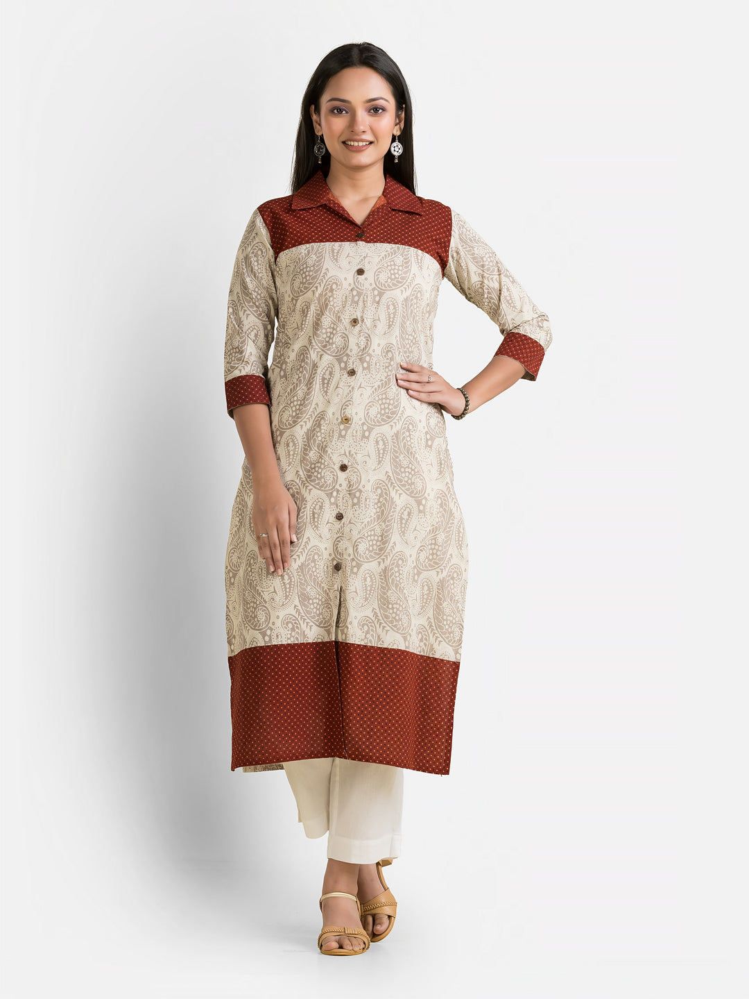 Women's Ajrakh Printed Cream Collar Kurti
