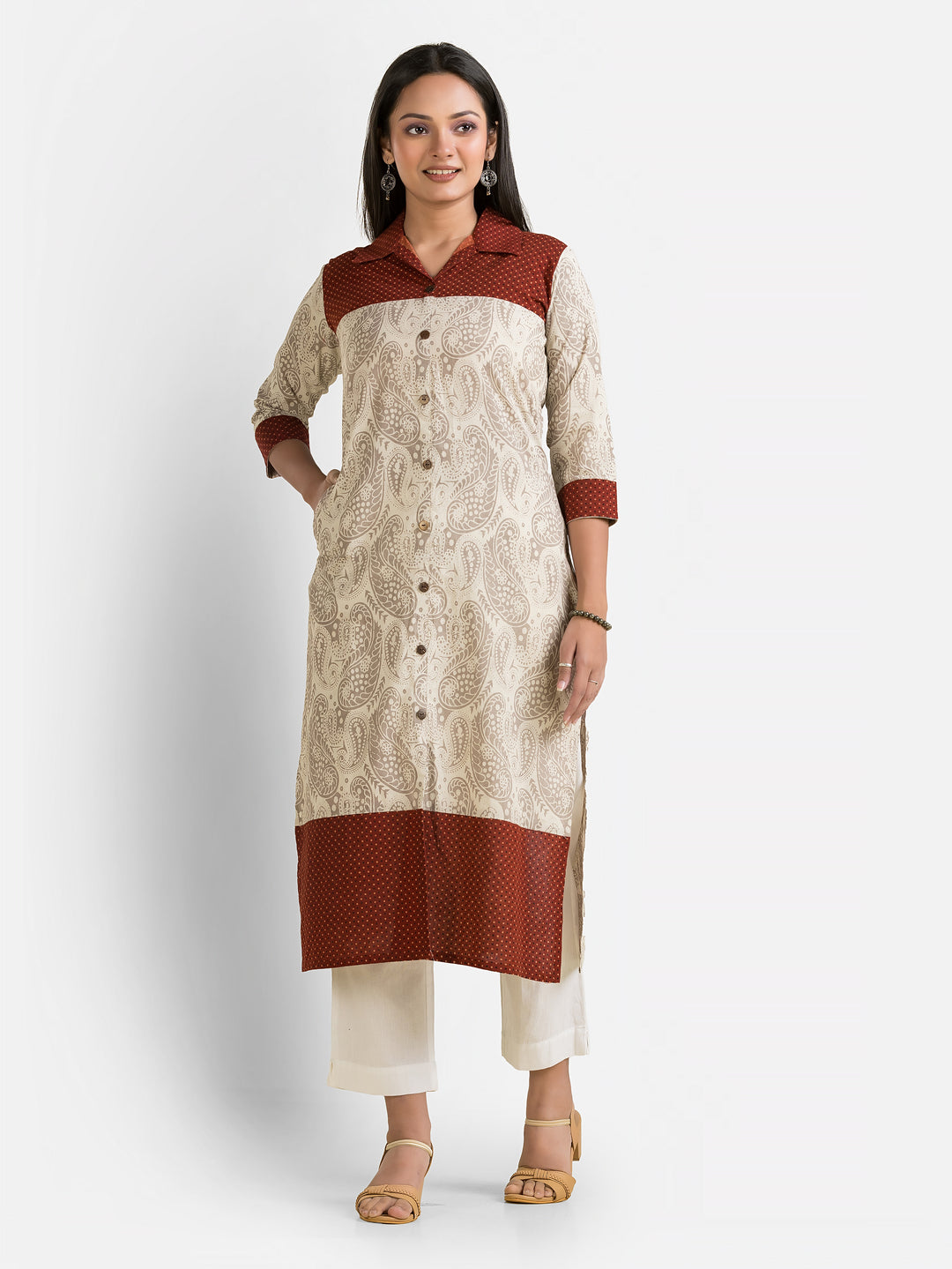 Women's Ajrakh Printed Cream Collar Kurti