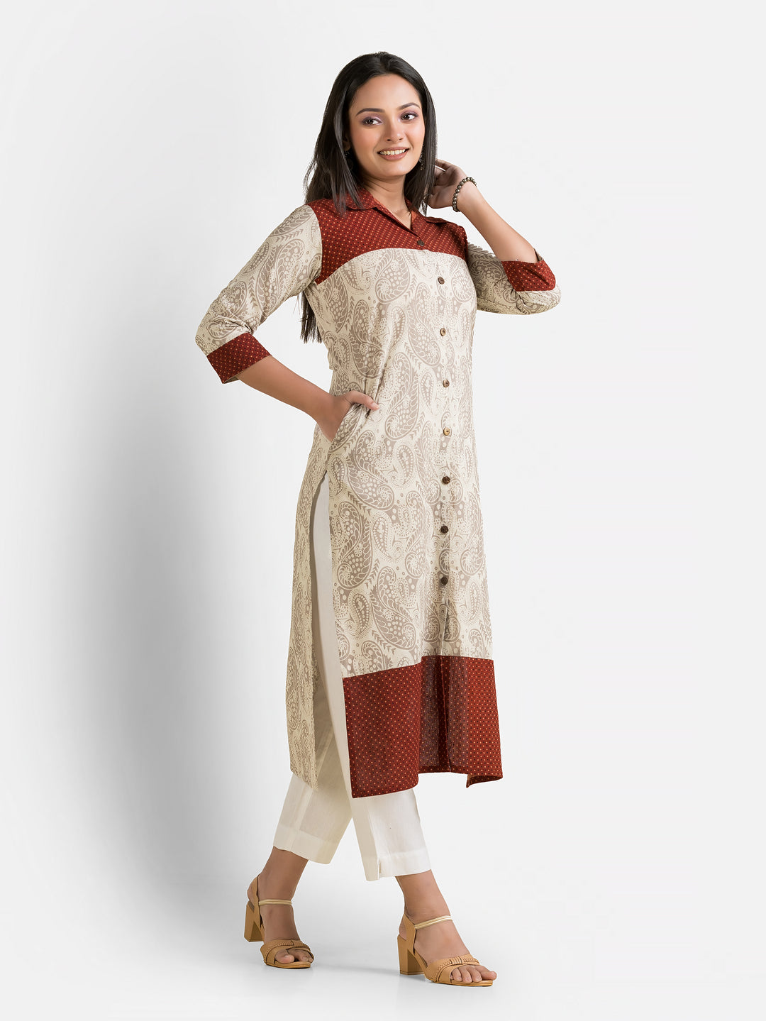 Women's Ajrakh Printed Cream Collar Kurti