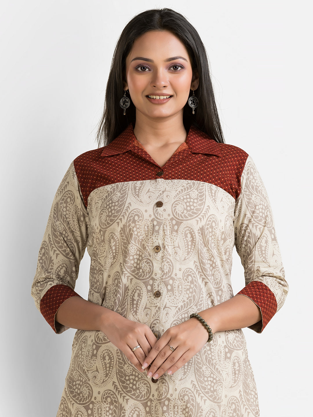 Women's Ajrakh Printed Cream Collar Kurti