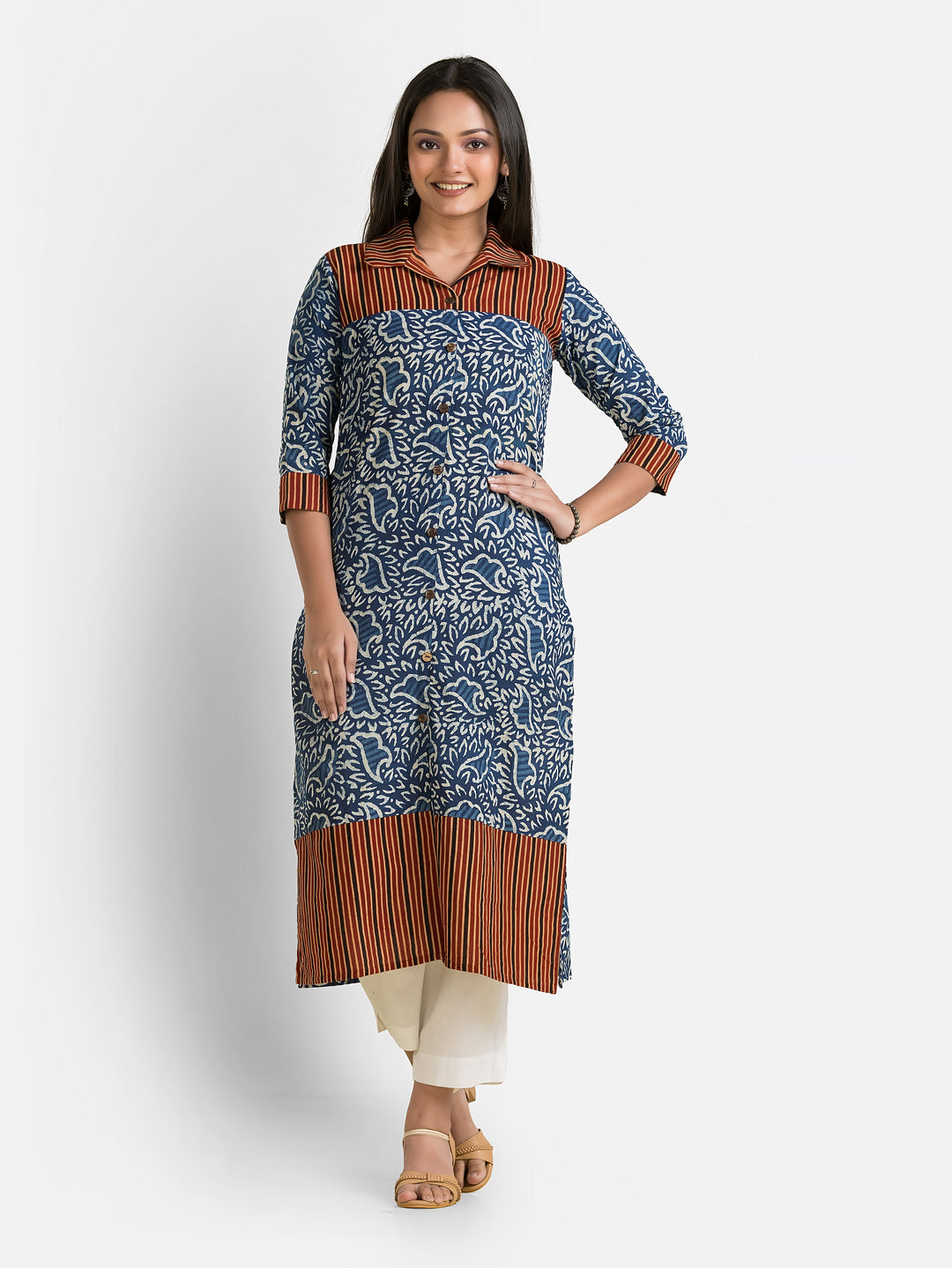 Women's Ajrakh Printed Indigo Collar Kurti
