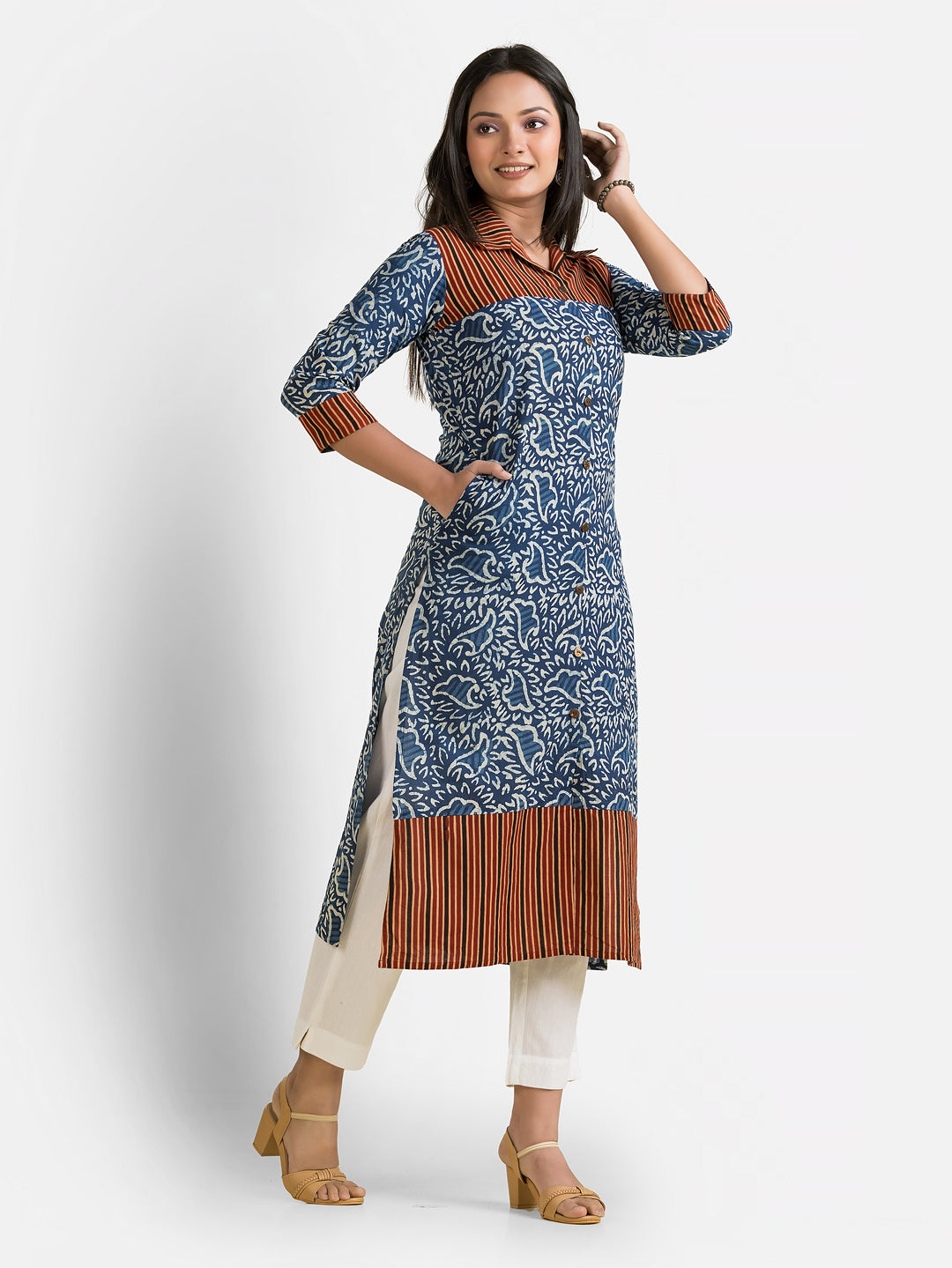 Women's Ajrakh Printed Indigo Collar Kurti