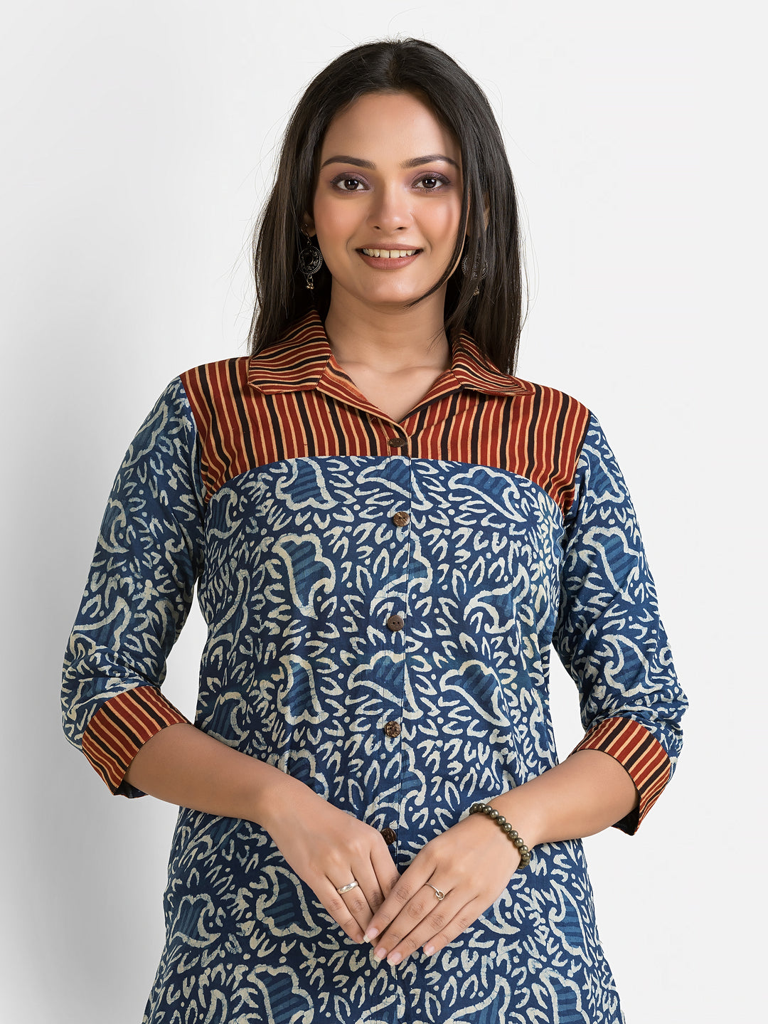 Women's Ajrakh Printed Indigo Collar Kurti