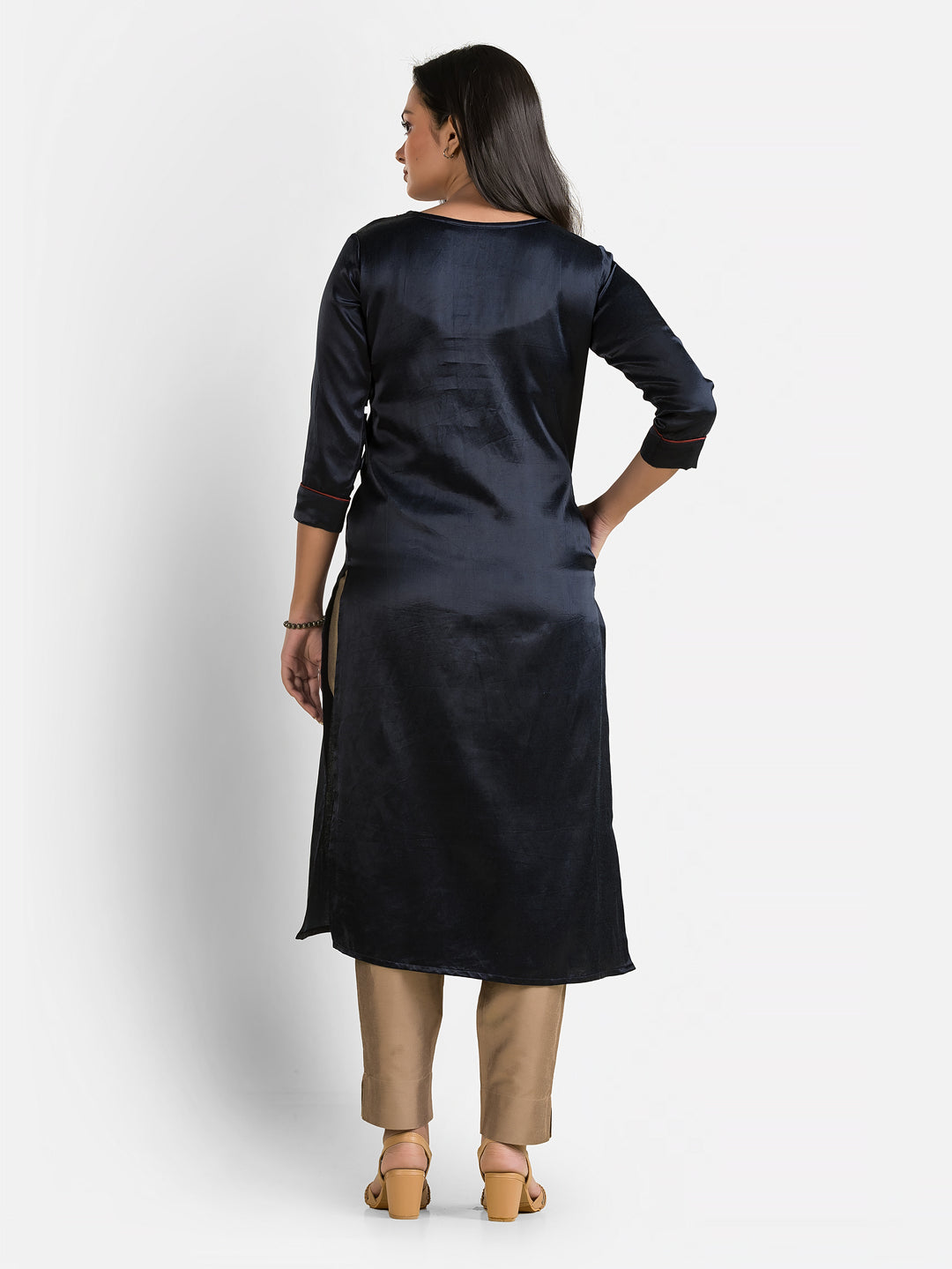 Women's Mashru Patchwork Navy Kurti - Crazy Needle Online