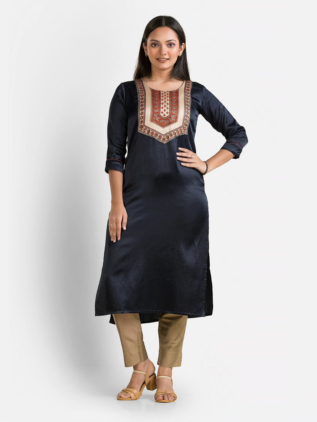 Women's Mashru Patchwork Navy Kurti