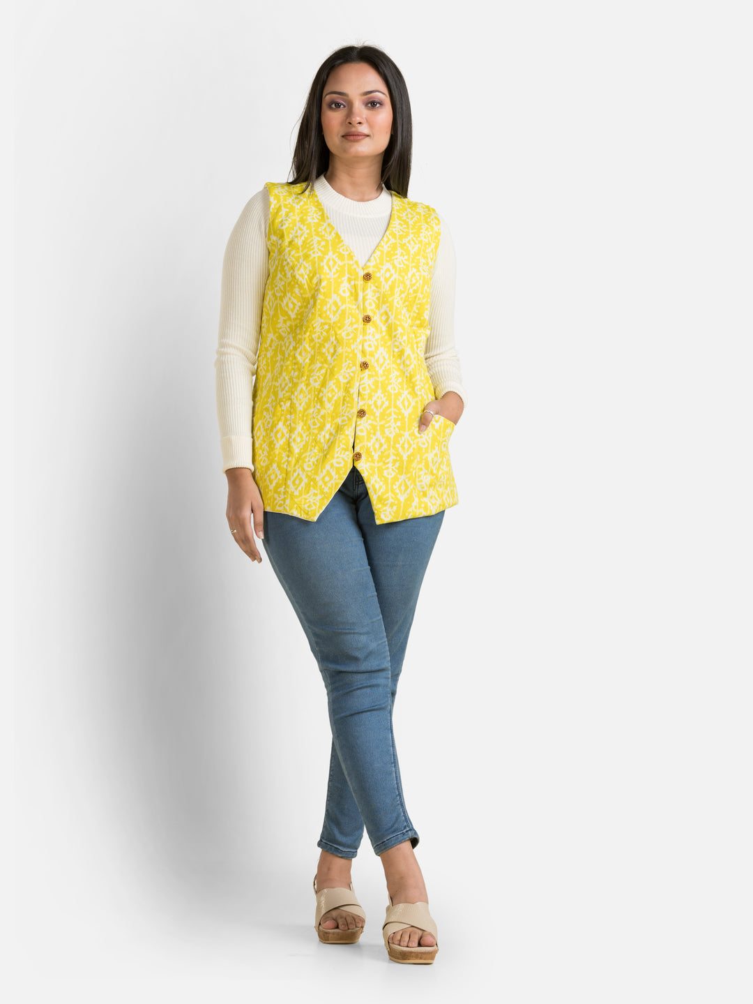 Women's Handblock Cotton Yellow Jacket