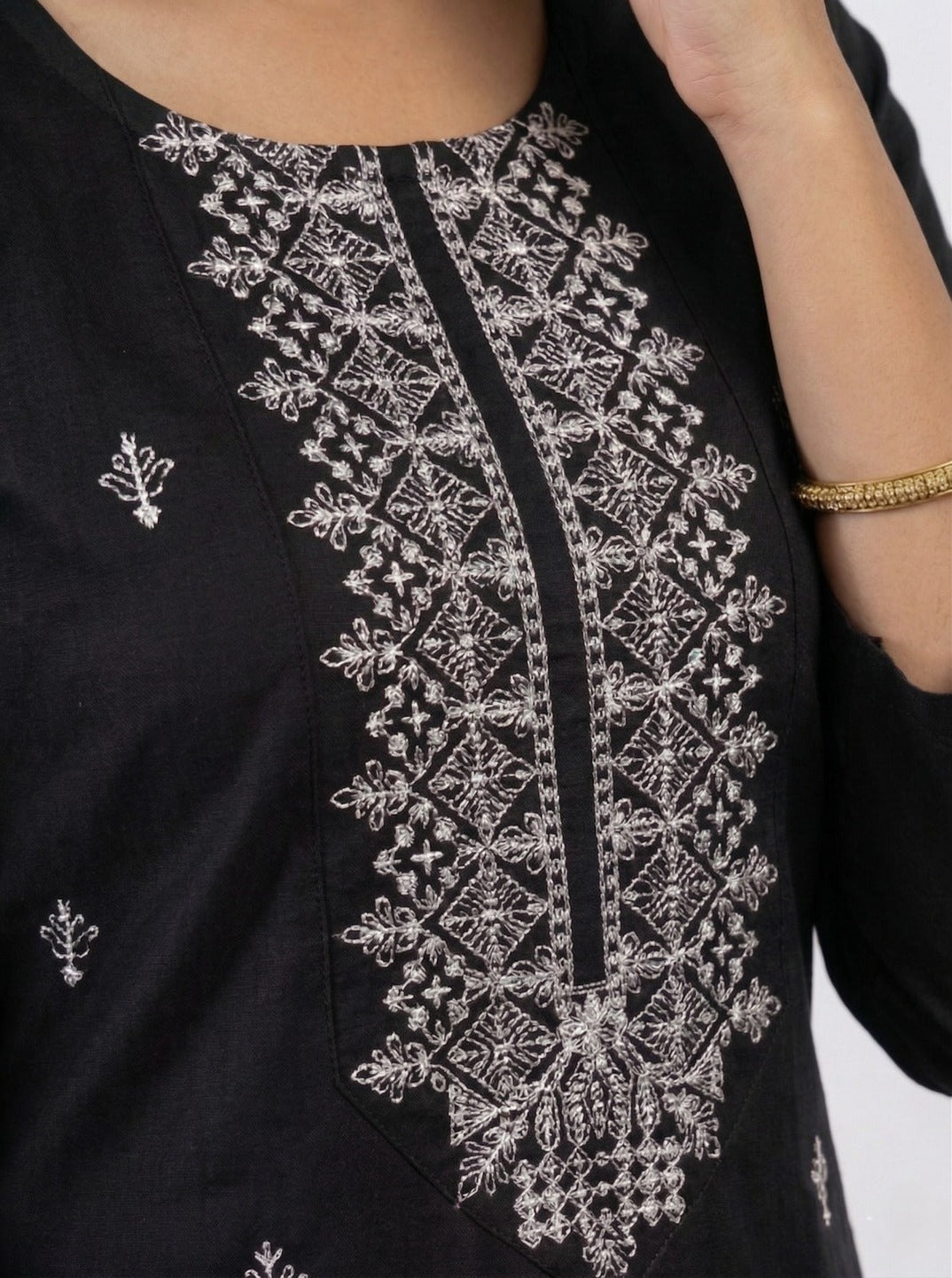 Black women's handwork kurta with intricate embroidery, traditional style, from Crazy Needle Online.