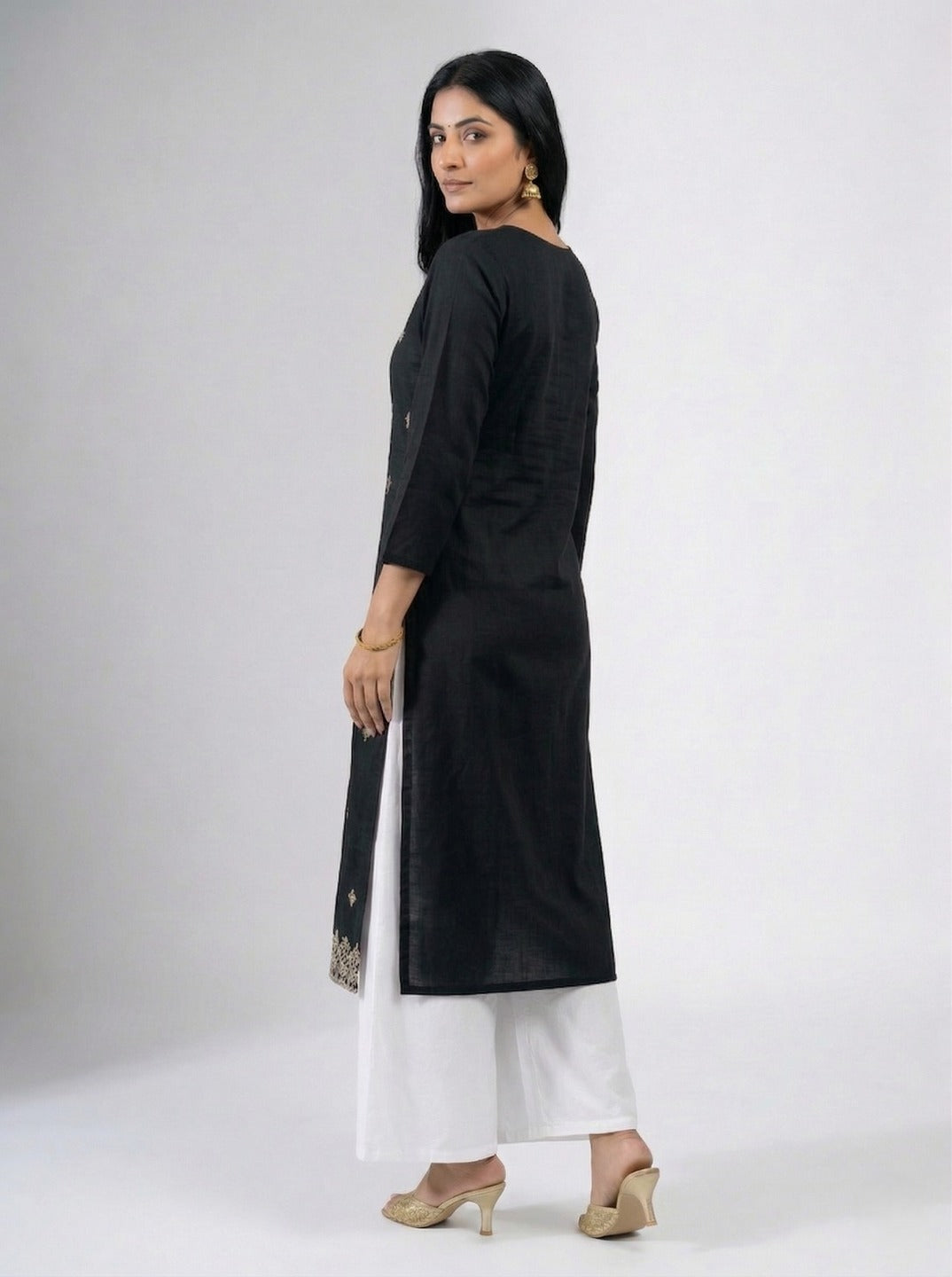 Black women's handwork kurti with intricate embroidery, stylish design, crafted by Crazy Needle Online.