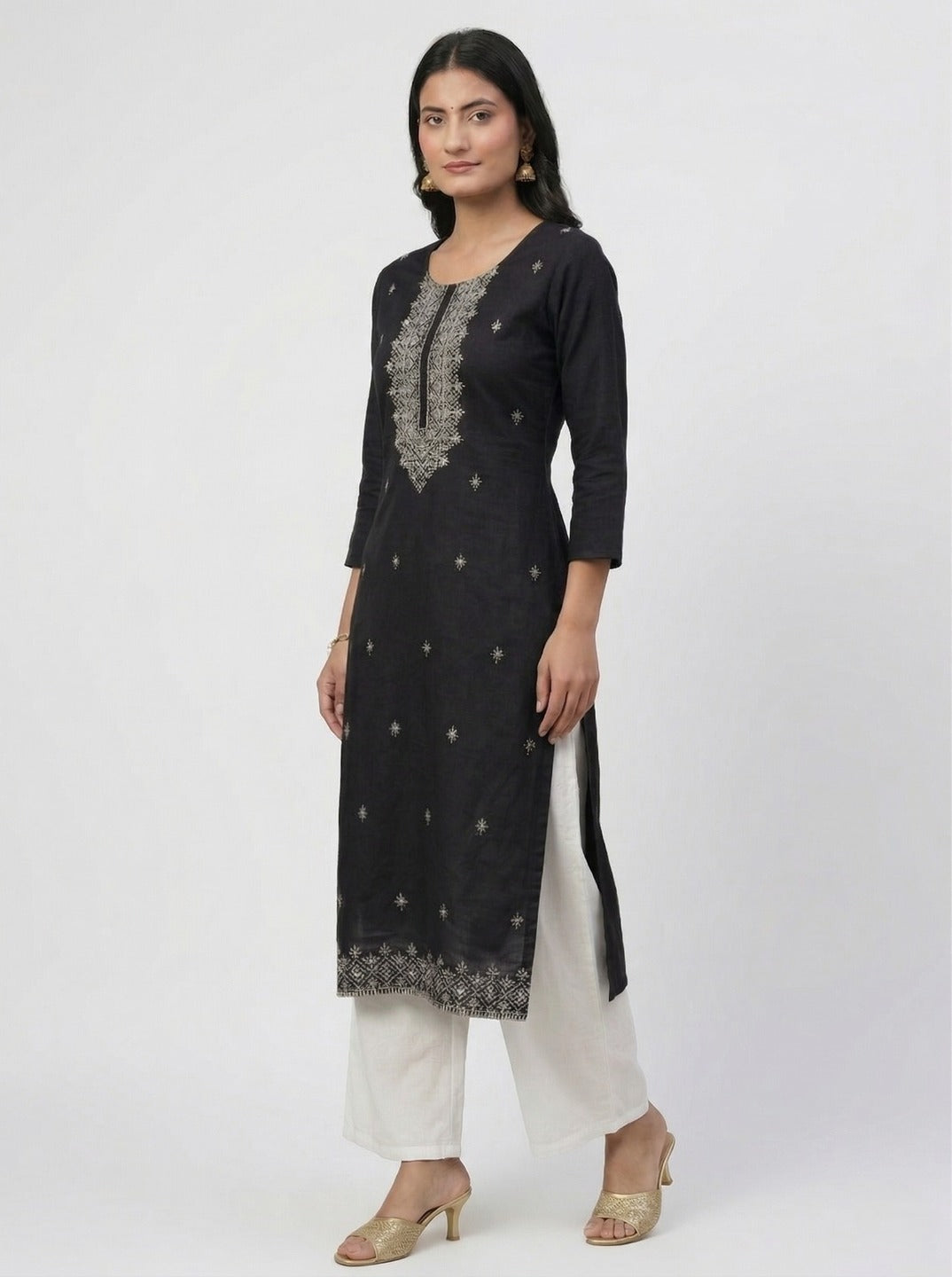 Black women's hand work kurti with intricate embroidery, stylish kurta from Crazy Needle Online, suitable for casual or festive wear.