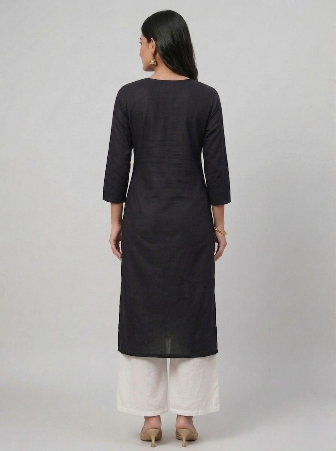 Black women's handwork kurti with intricate embroidery, stylish kurta for women by Crazy Needle Online.