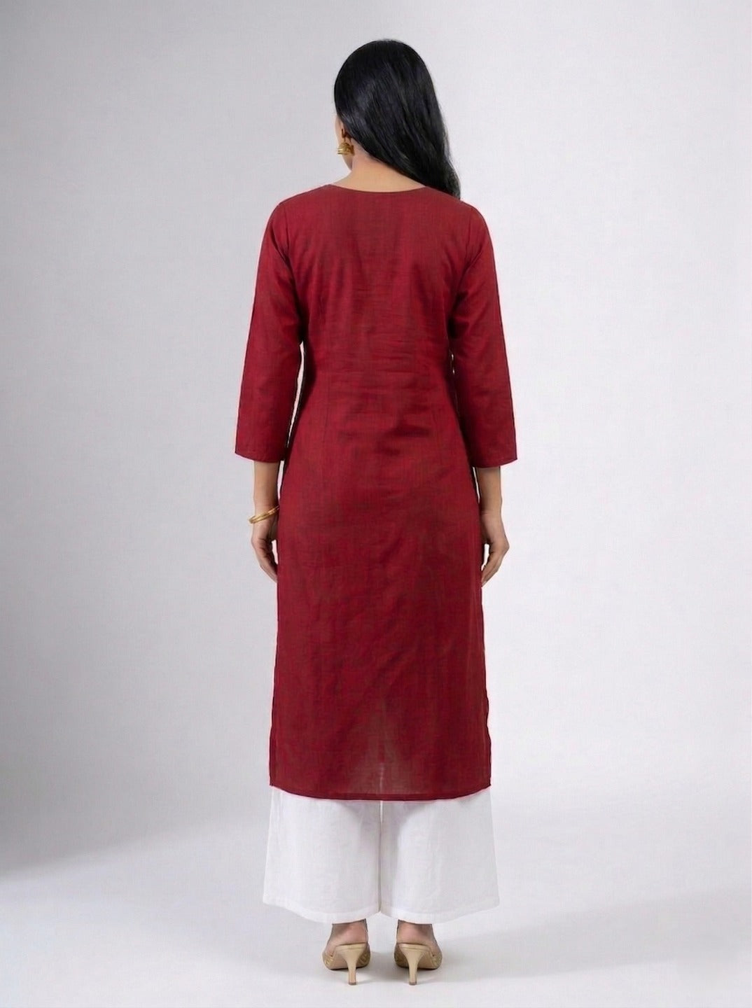 Maroon women's handwork kurti with intricate embroidery, casual wear by Crazy Needle Online, lightweight and stylish for everyday.
