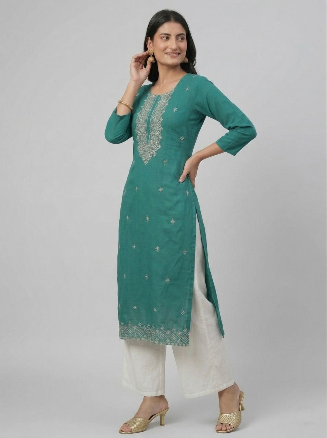 Women's green handwork Kurti from Crazy Needle Online, featuring intricate embroidery and traditional design.