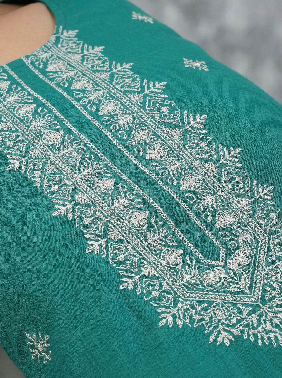 Women's green handwork kurta with intricate embroidery, showcased by Crazy Needle Online.