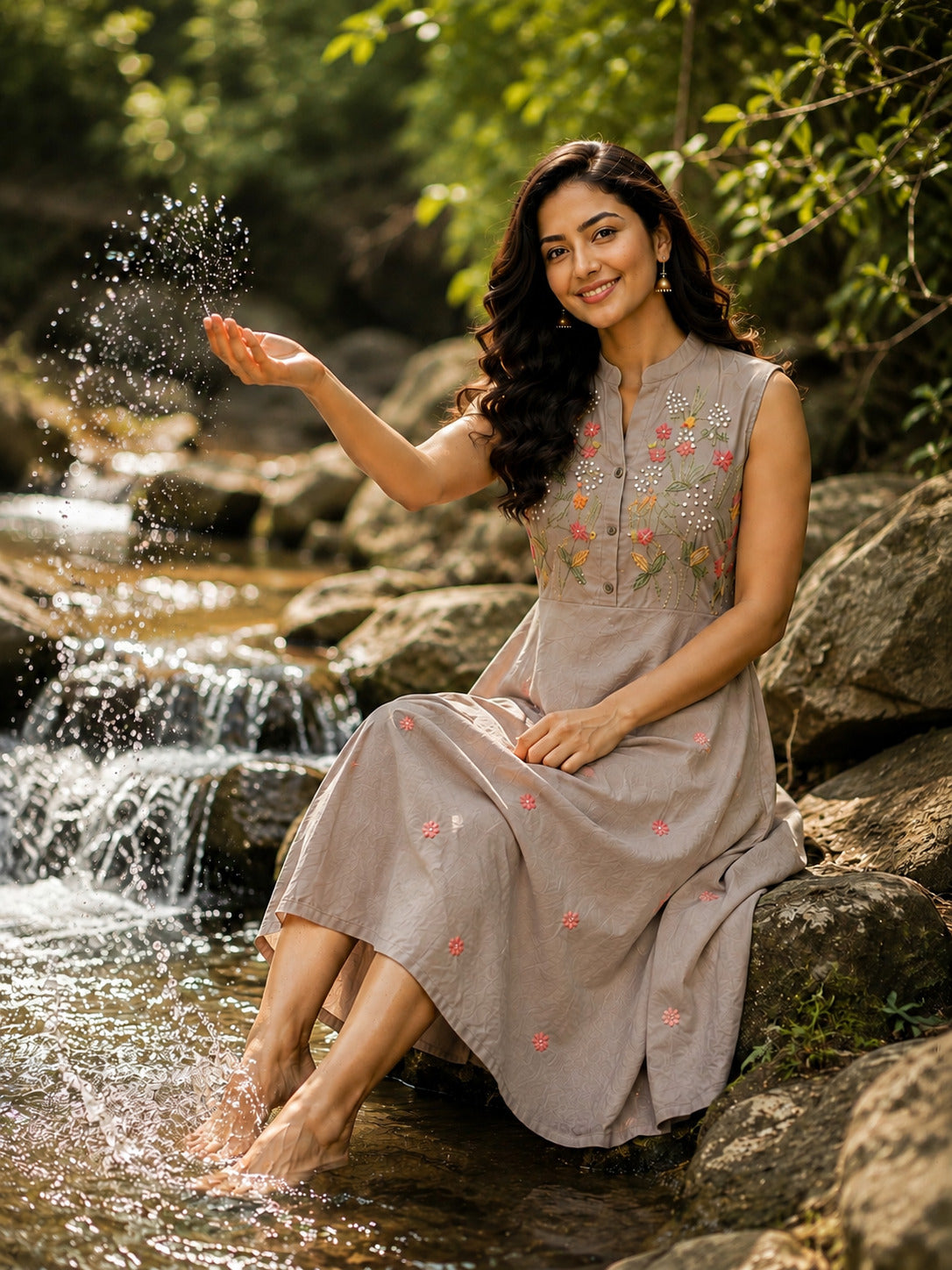 Women's Grey Floral Embroidered Halterneck Dress