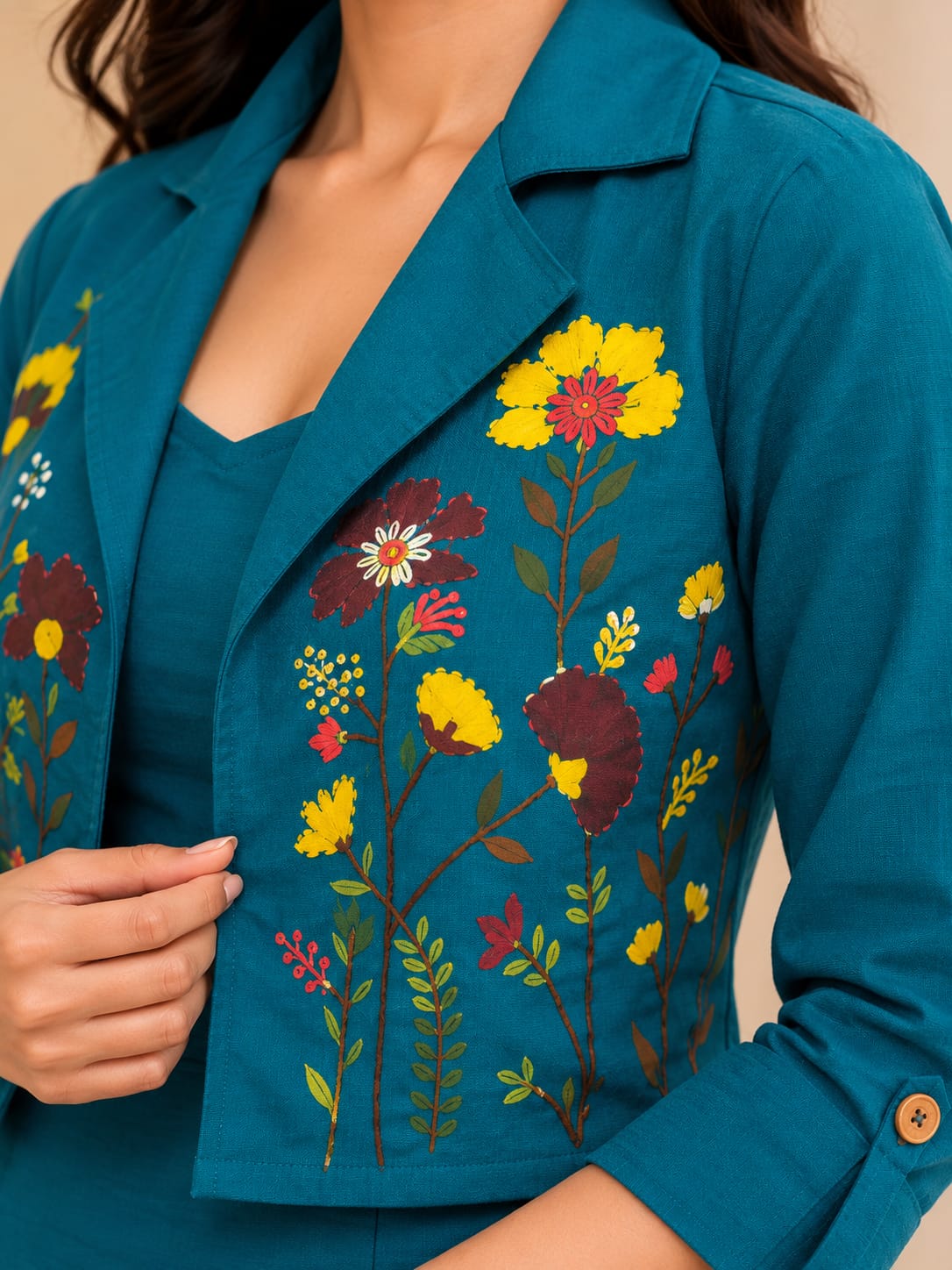 Women’s blue dress with matching jacket, casual style, from Crazy Needle Online, displayed on a hanger against a neutral background.