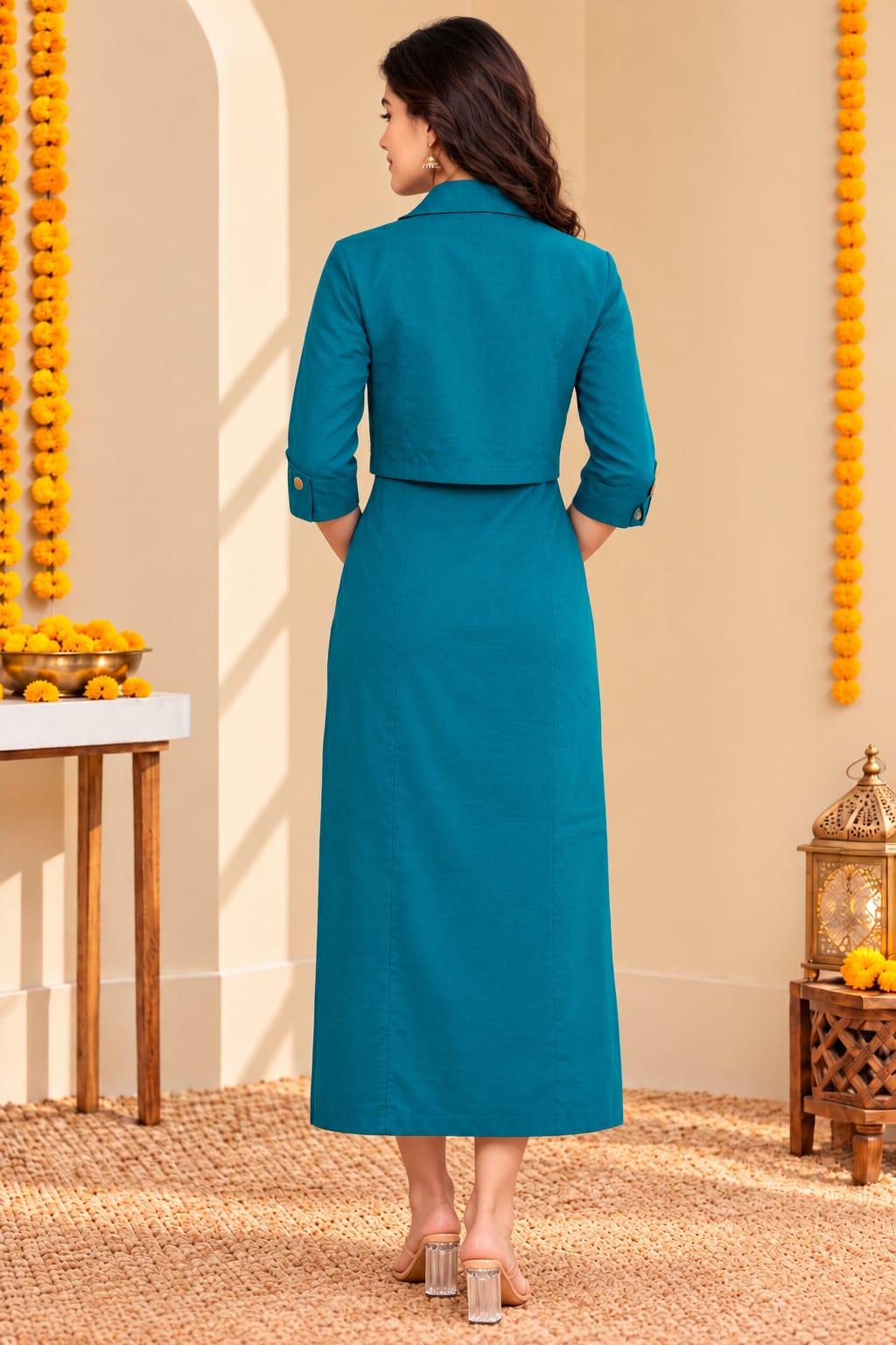 Women's blue dress with matching jacket by Crazy Needle Online, featuring a stylish and casual outfit for women.