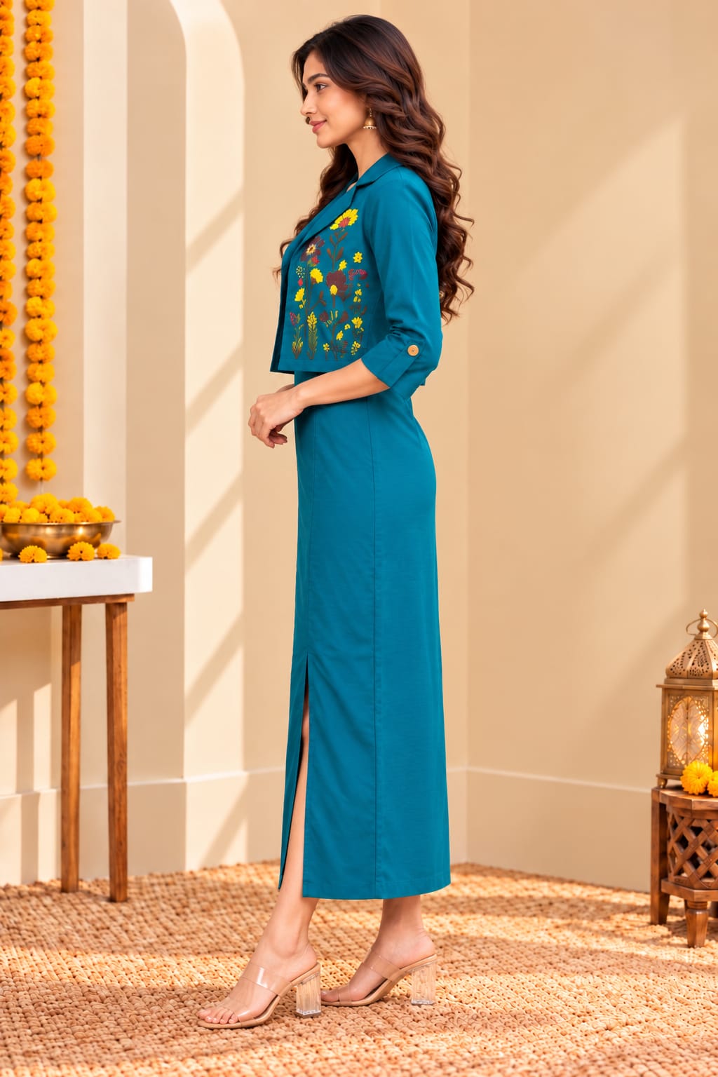 Women’s blue dress with matching jacket by Crazy Needle Online, featuring a stylish, elegant design suitable for various occasions.