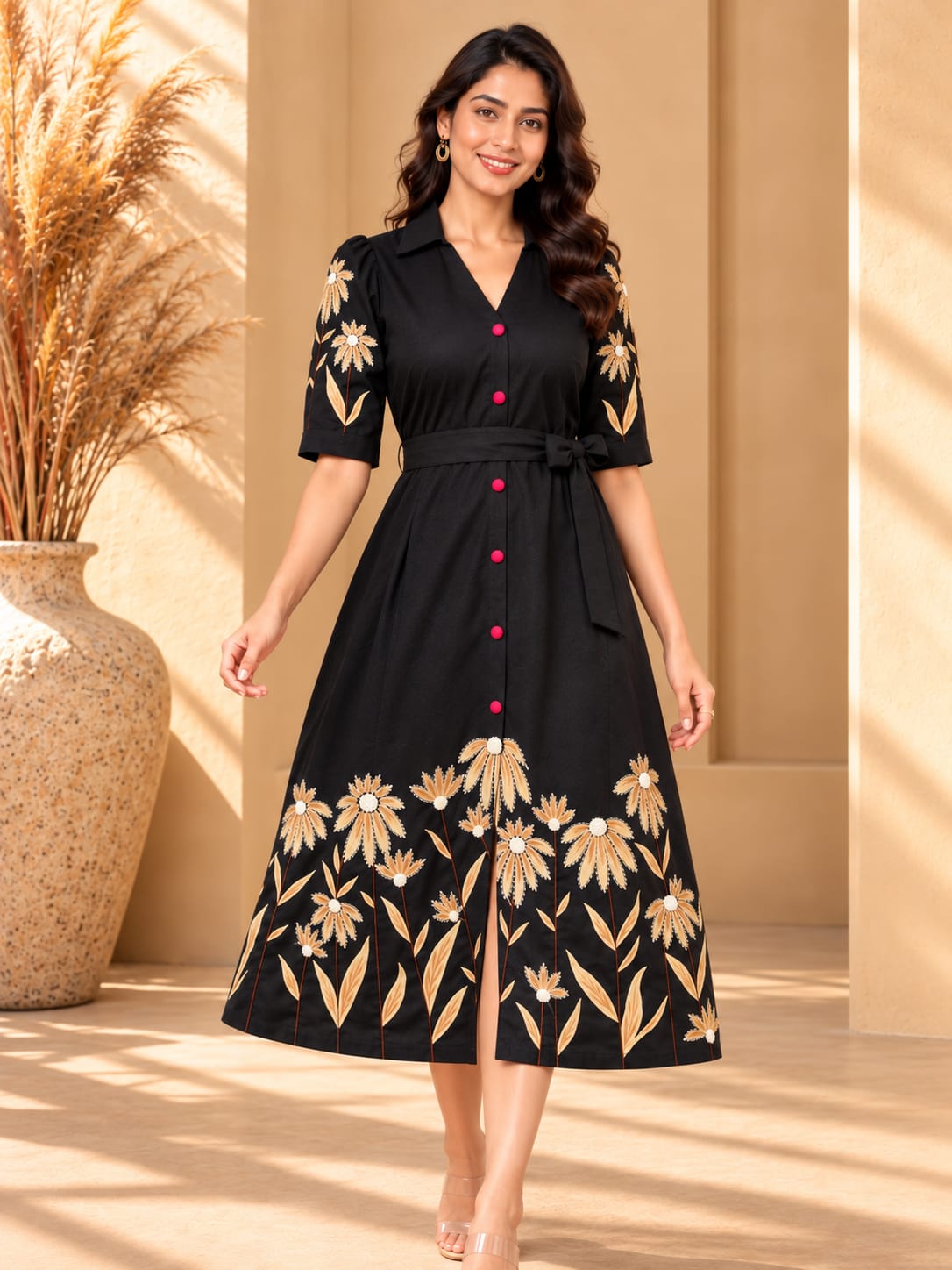 Women's hand-painted black dress by Crazy Needle Online, featuring intricate artwork and elegant design on soft fabric.