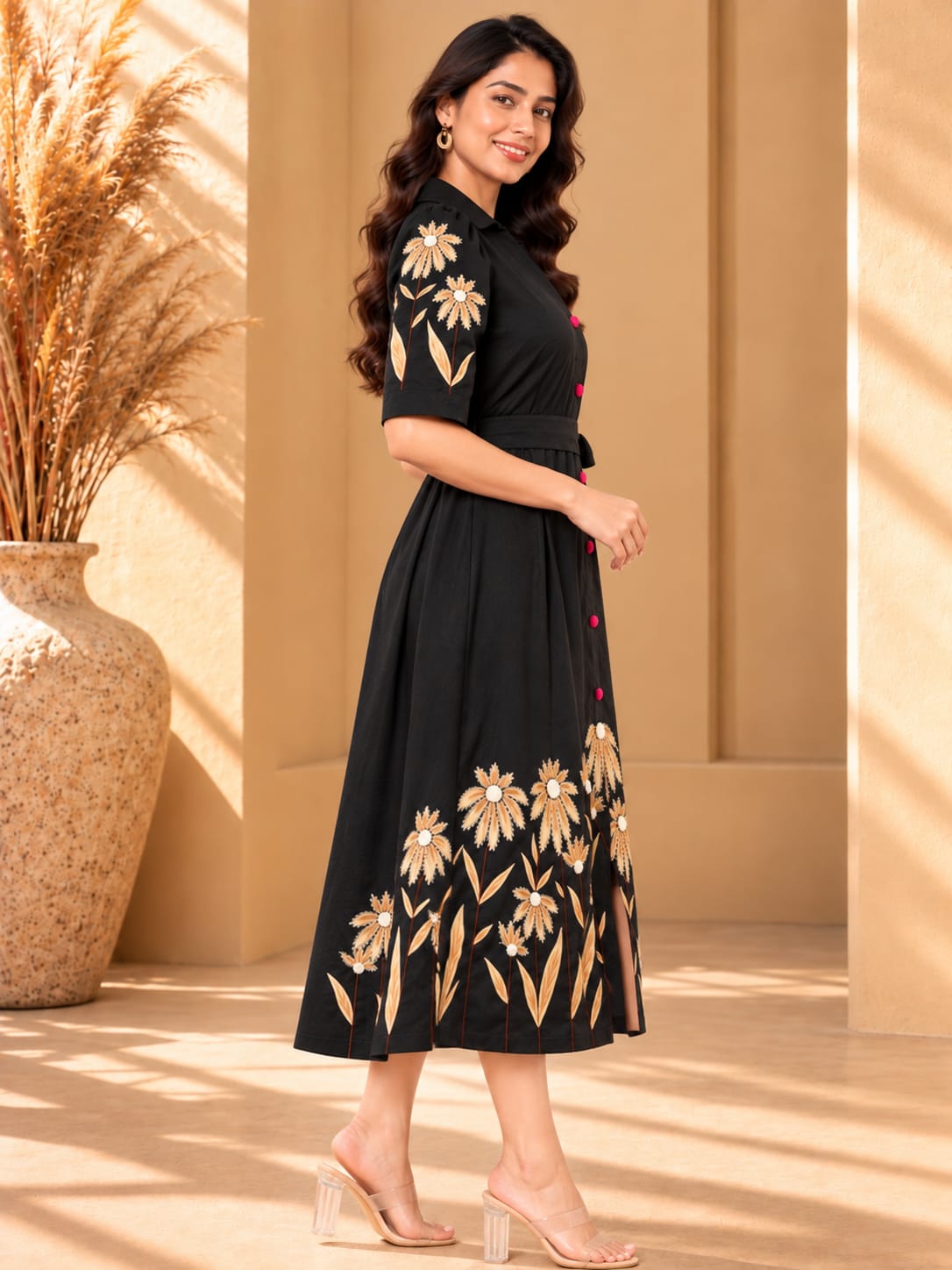 Women's hand-painted black dress from Crazy Needle Online, featuring artistic floral designs and elegant fabric.