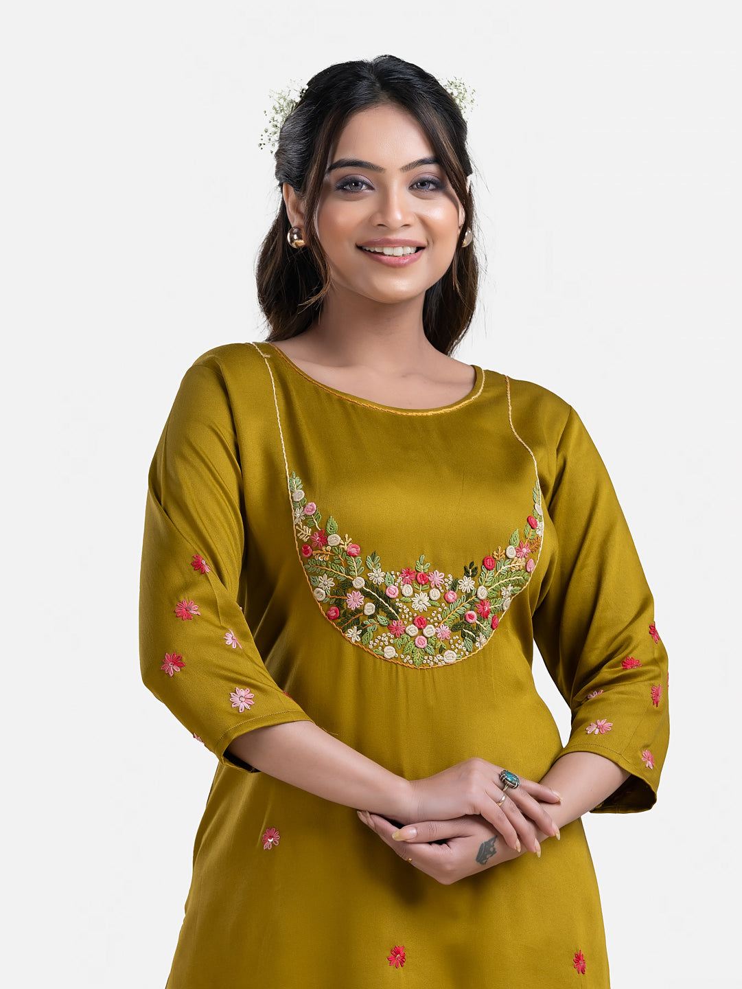 Women's 3/4th Sleeves Thread Work Yellow Kurti