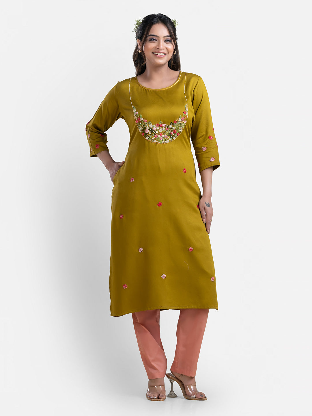Women's 3/4th Sleeves Thread Work Yellow Kurti